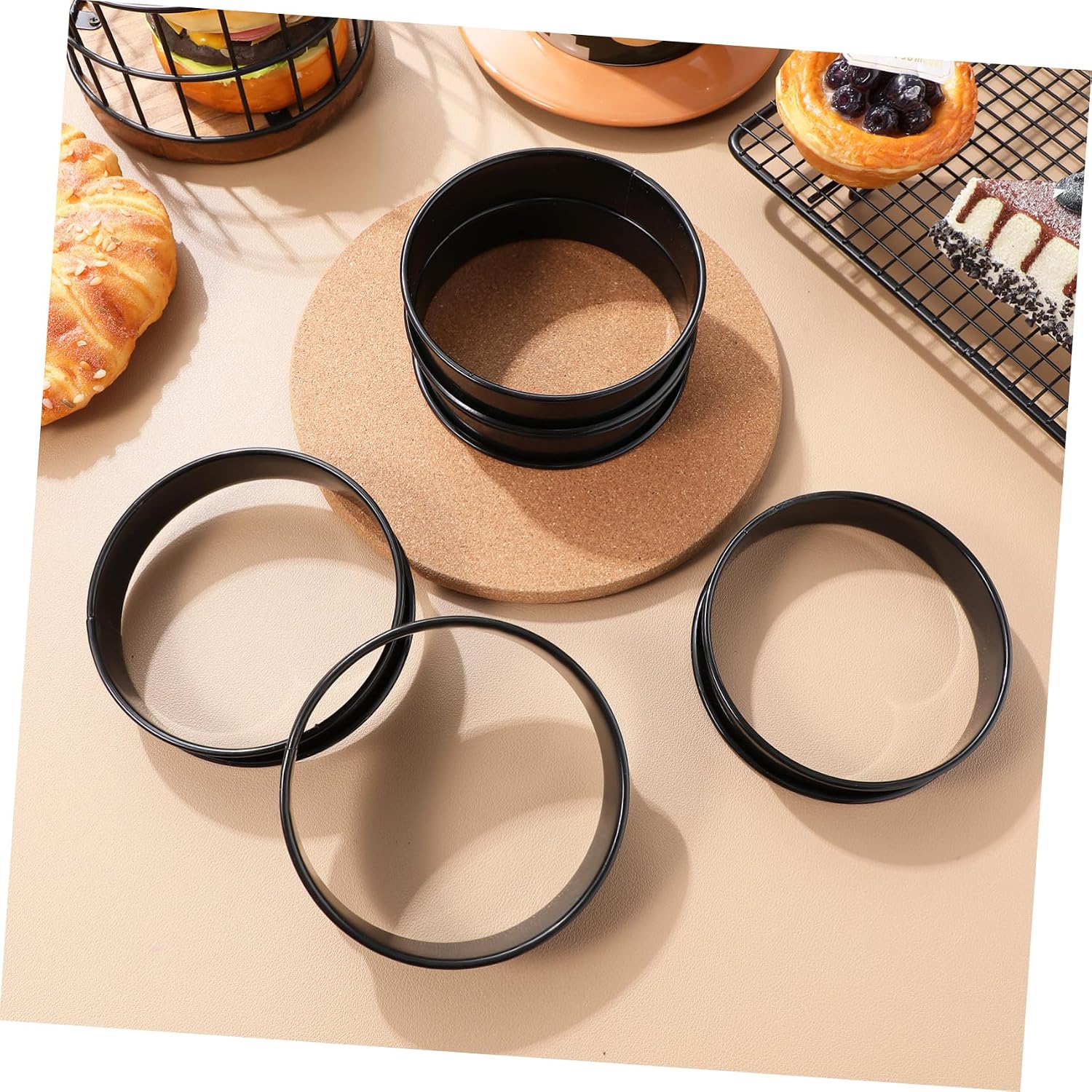 Cabilock 10-Piece Round Cake and Cookie Molds Set Stainless Steel Pastry Rings for Baking Adjustable Size Egg Rings for Breakfast Sandwiches and Desserts