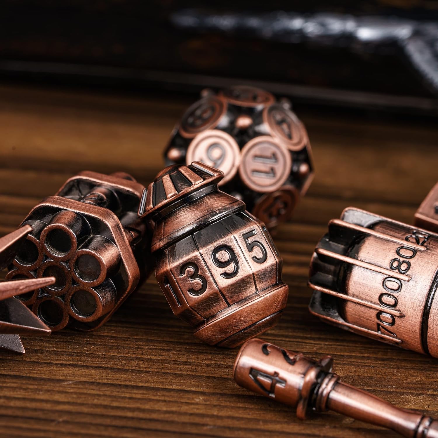 UDIXI Metal DND Dice Set Polyhedral 7-Die Bomb-Shaped Metal D&D Dice Set with Leather Pouch for RPG and Other Tabletop Game(Ancient Copper)