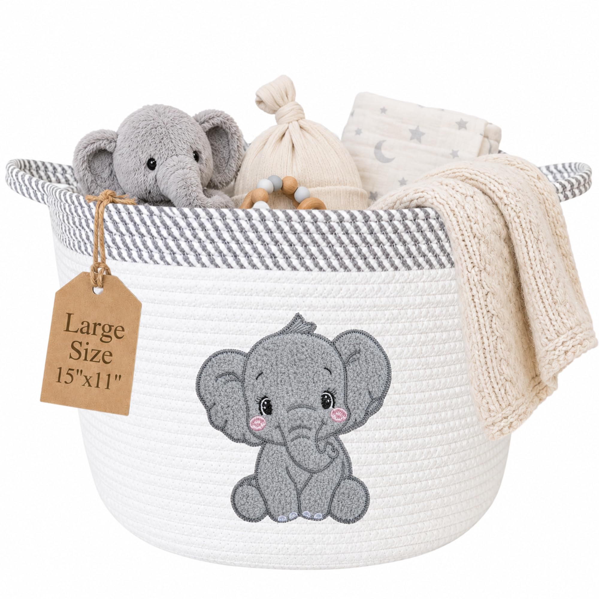 Kemina Blankets Men's Neutral Elephant Elephant Nursery Storage Basket, Cotton Rope Toy & Blanket Organizer Bin