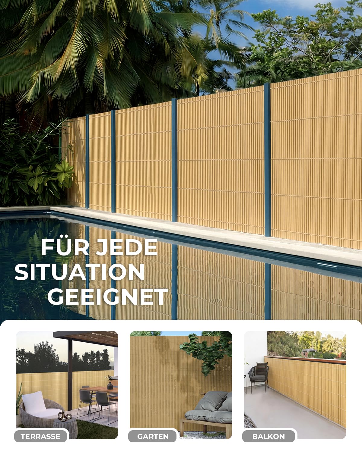 paramondo Canisse en PVC, Brise Vue en PVC pour Jardin, Balcon, Terrasse et Piscine, Pare-Vue Revêtement de Balcon Clôture Renforcées Triple, Résistantes aux UV et aux Intempéries, 80 x 300 cm, Bambou