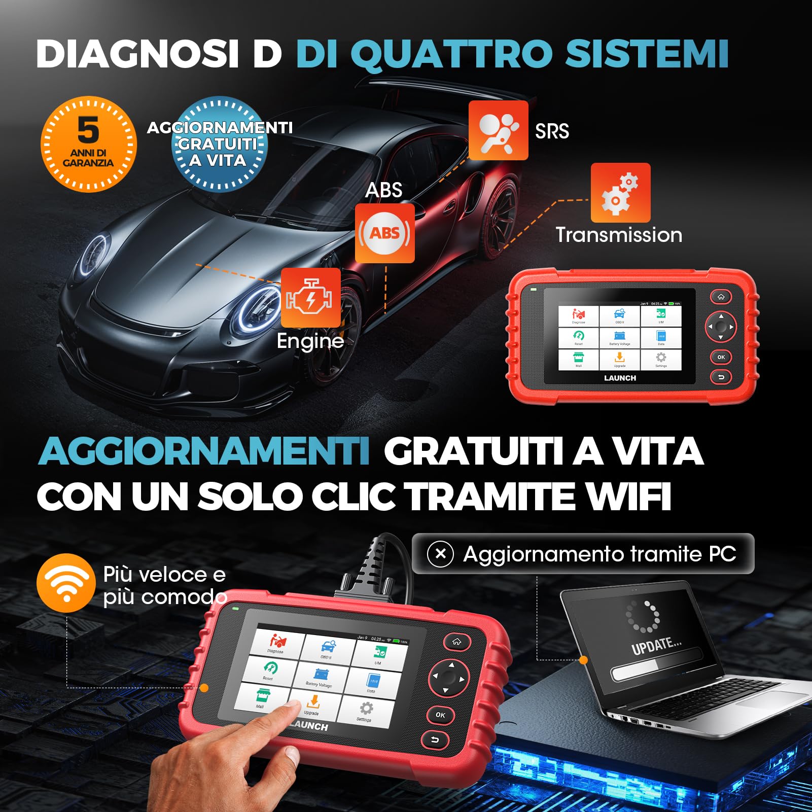 LAUNCH CRP123X V3.0 - OBD2 Diagnostica Auto Professionale per Tutte le Marche - Scanner 4 Sistemi, Reset EPB/FAP/Olio, SAS/BMS/TPMS, Test Batteria, Lettura VIN CON AGGIORNAMENTI GRATUITI A VITA