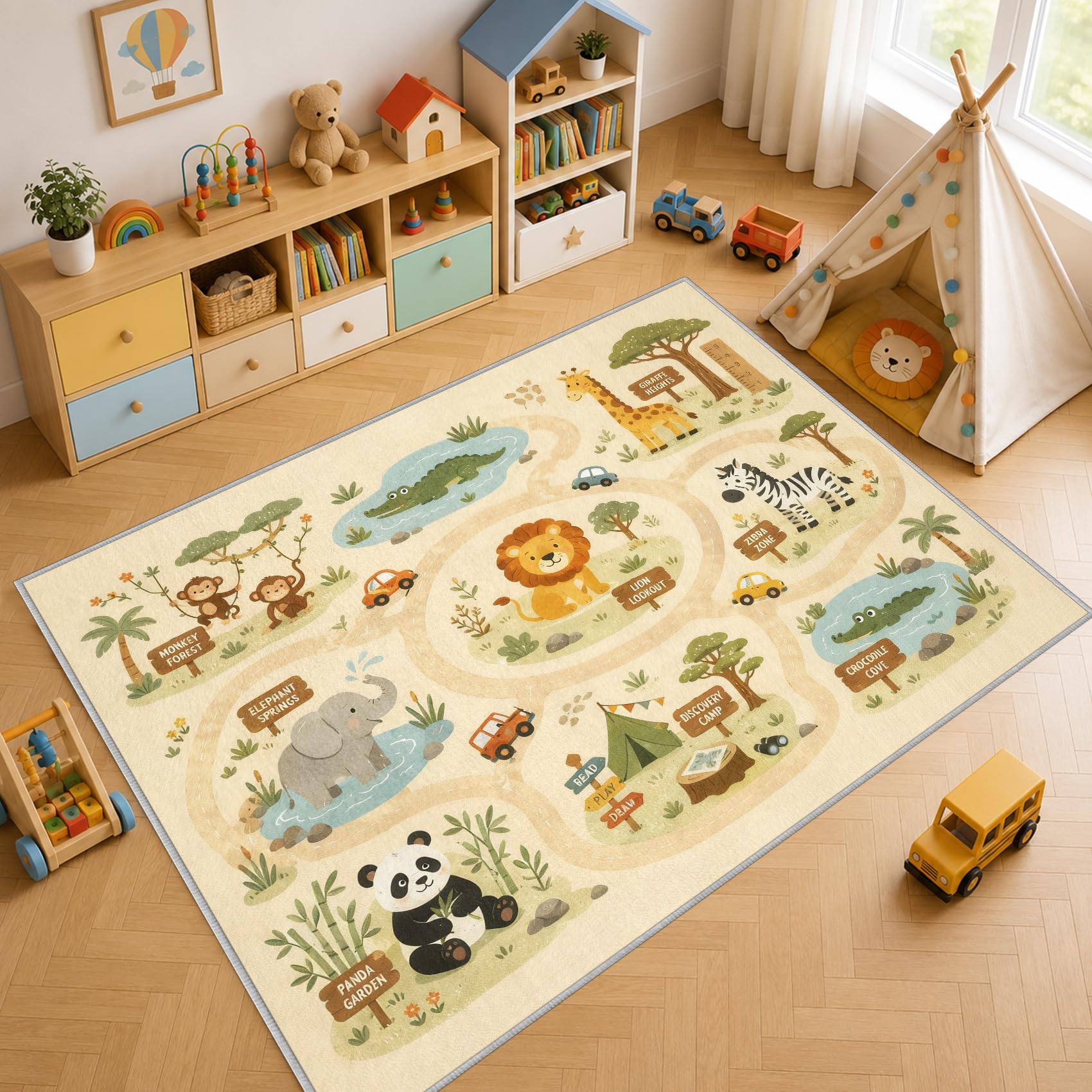 Zoo Animals Rug Washable 120x170, Baby Kids Play Area Rugs Living Room