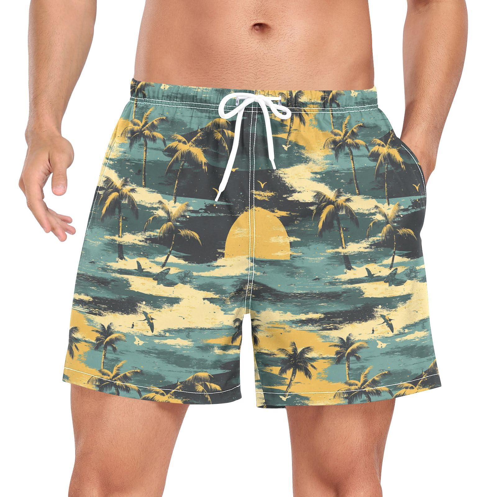 JUNZAN Men's Swim Trunks Tropical Vintage Men Lined Workout Running Shorts with Compression Liner and Pockets Beach Board Shorts Quick Dry