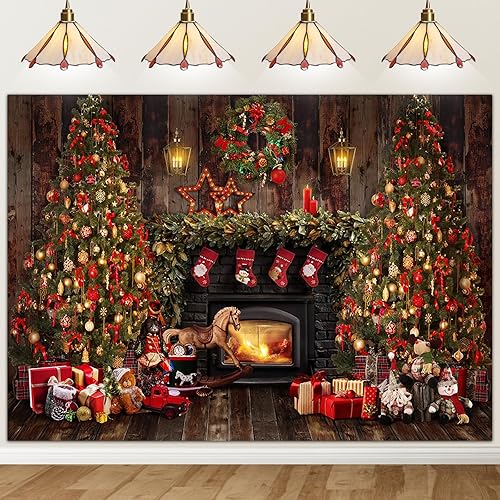 Avezano Telones de fondo de Navidad para fotografía, madera rústica, chimenea, telón de fondo de fotos, árbol de Navidad, decoración de regalo para