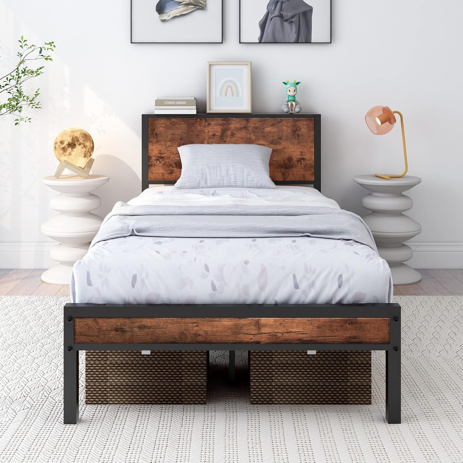 DUMEE Twin Bed Frame with Wood Headboard and Footboard Metal Bed Frame