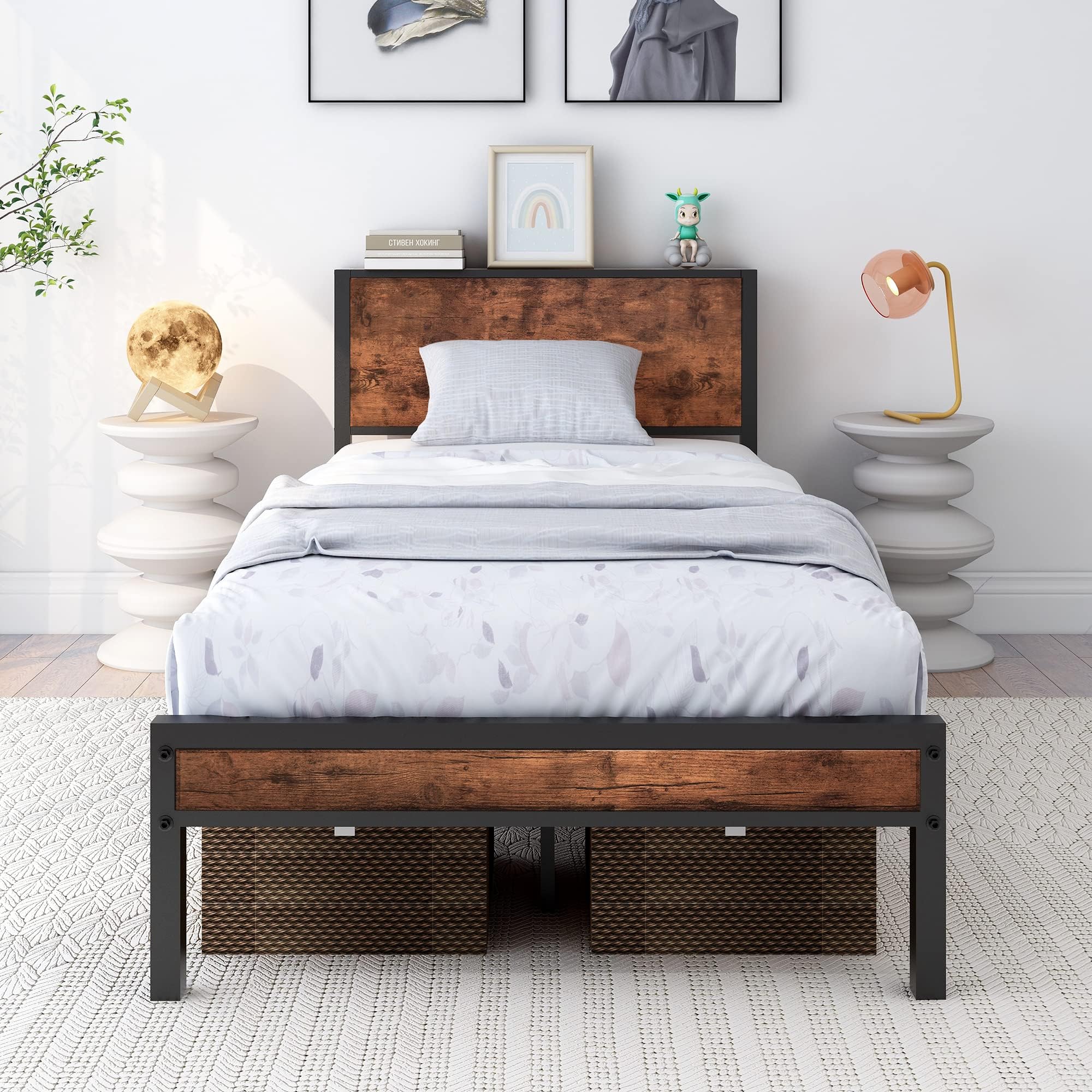 Single Bed Frames with Wooden Storage Headboard Shelf, Heavy Duty Metal Bed Frame Single, No Box Spring Needed, Noise Free, Reinforced Strong Support Leg, Textured Black&Brown Oak