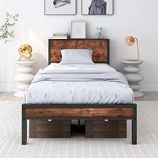DUMEE Single Bed Frames with Wooden Storage Headboard Shelf, Heavy Duty Metal Bed Frame Single, No Box Spring Needed, Noise Free, Reinforced Strong Support Leg, Textured Black&Brown Oak