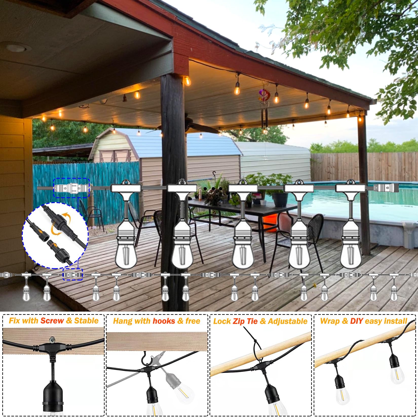 45M LED Lichterkette Außen,E27 Lichterkette Wasserdicht IP65 mit 48 Lampen | S14 Stromlichterkette außen mit 5,4 m langem Stromkabel,2700K Warmweiß für Garten Terrasse Hochzeiten [Energieklasse G]