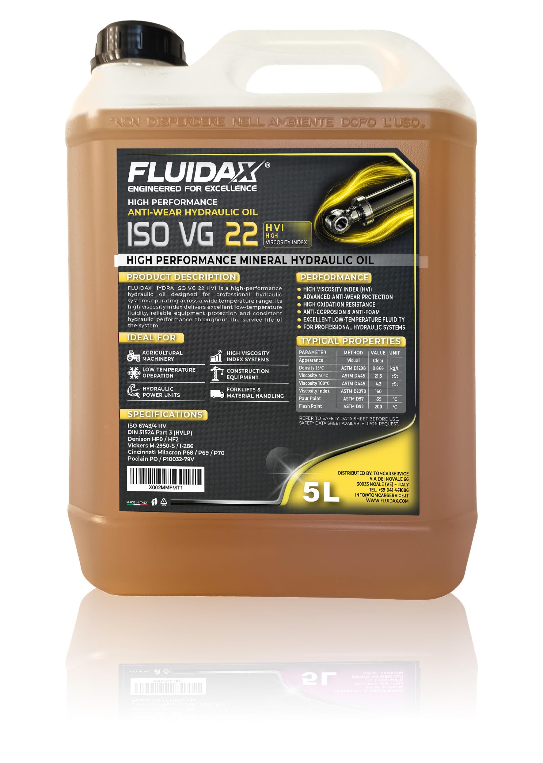 Aceite Hidráulico ISO VG 22 HVI 5L – Alto Índice de Viscosidad – Protección Antidesgaste y Anticorrosión – Para Sistemas Hidráulicos, Maquinaria Agrícola e Industrial