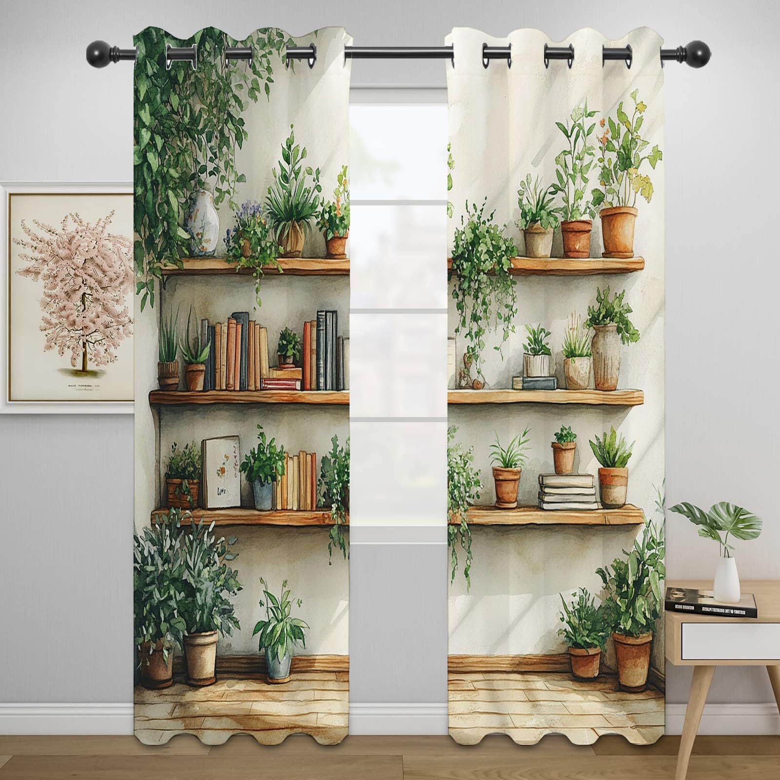 Vorhänge Blätter Blumen Muster Einfaches Pflanzenmuster Vorhänge mit Ösen für Wohnzimmer Botanisch Ösenvorhang für Bauernhaus Schlafzimmer 2er Set-H240 x B140 cm (2er Pack)