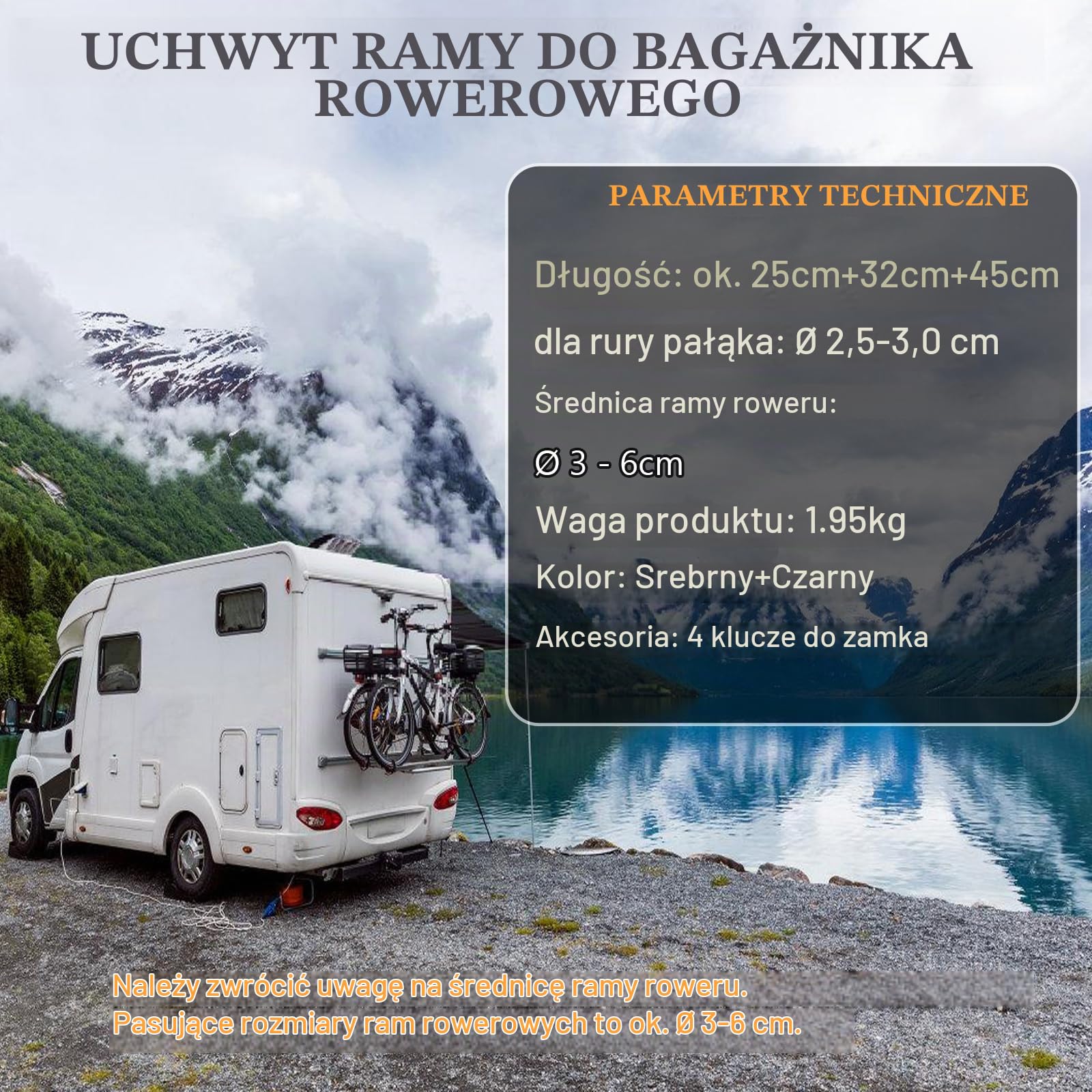 Zestaw 3 uchwytów ramowych do bagażnika na rowery 25 cm + 32 cm + 45 cm długości, uniwersalny uchwyt ramowy, z zamkiem, aluminiowy na rury w kształcie U: Ø 2,5-3 cm, średnica ramy rowerowej: Ø