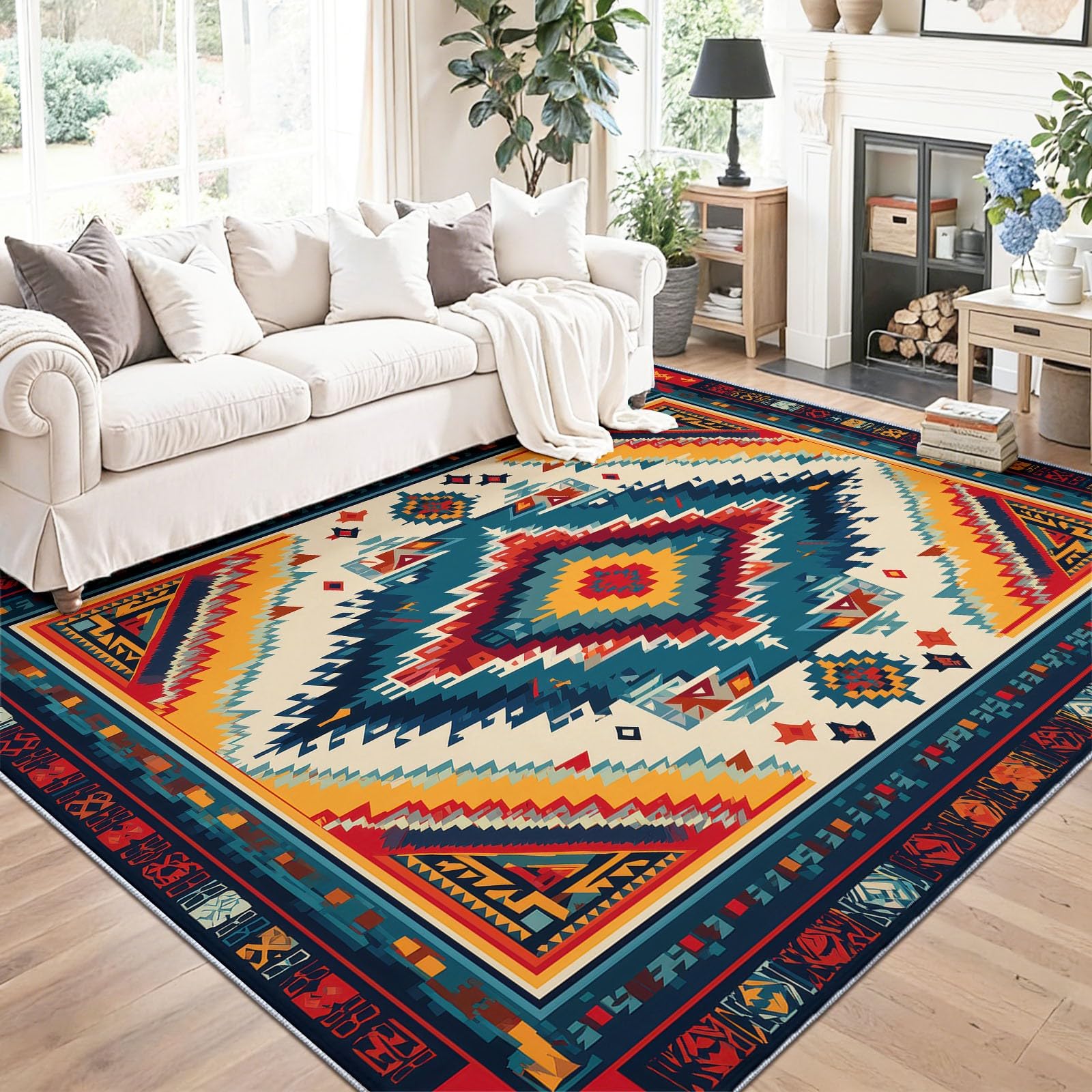 Dywan do salonu Można prać w pralce Kolorowy Bohemian Etniczny Geometryczny Paski Niski włos Antypoślizgowy z nadrukowanym wzorem Dywan Sypialnia do sypialni, 160 x 230 cm