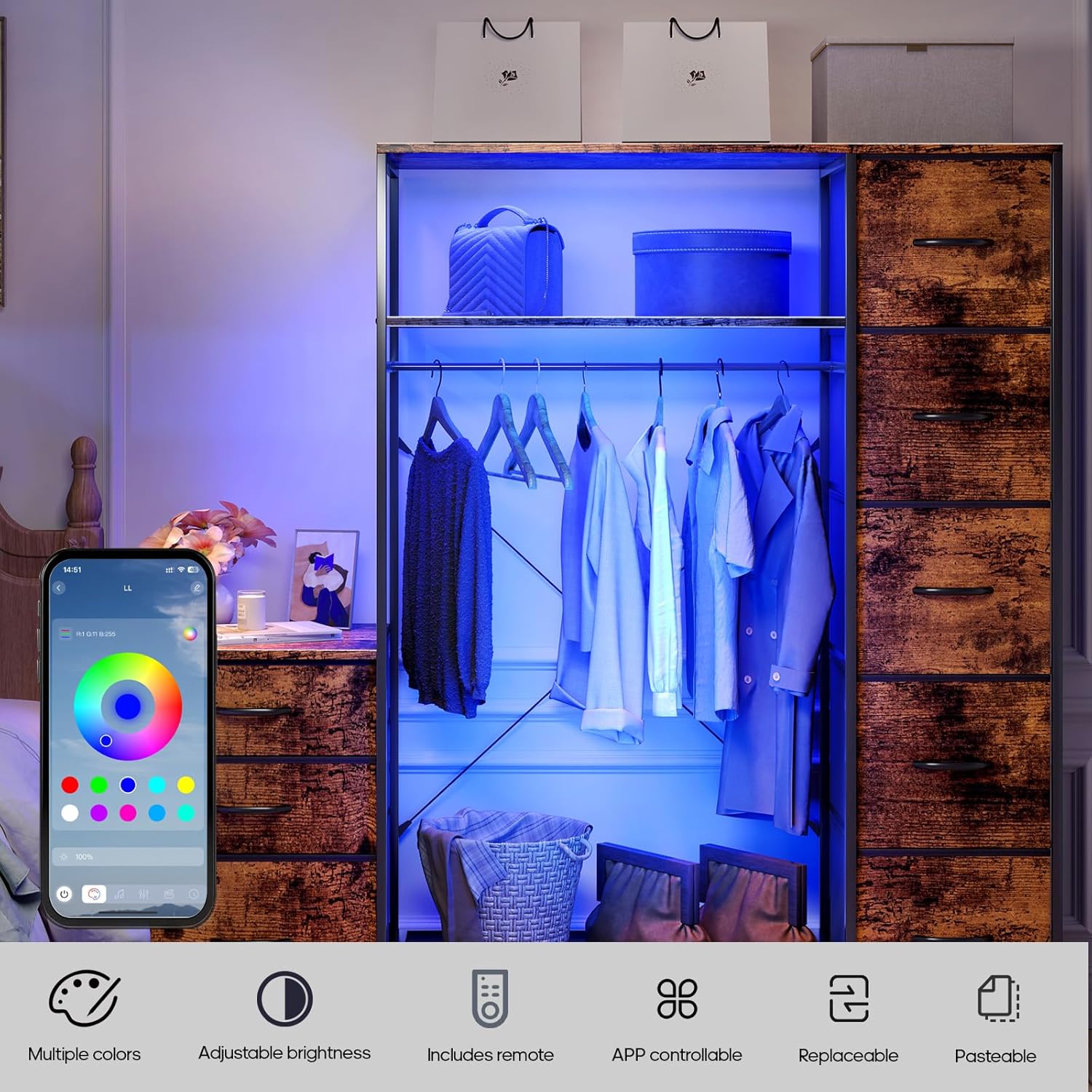 Clothes Rack with Drawers, 57.08 Inch Clothing Rack with LED Lights & Shelves, 8 Fabric Drawers with Hanging Rack for Entryway, Bedroom Closet