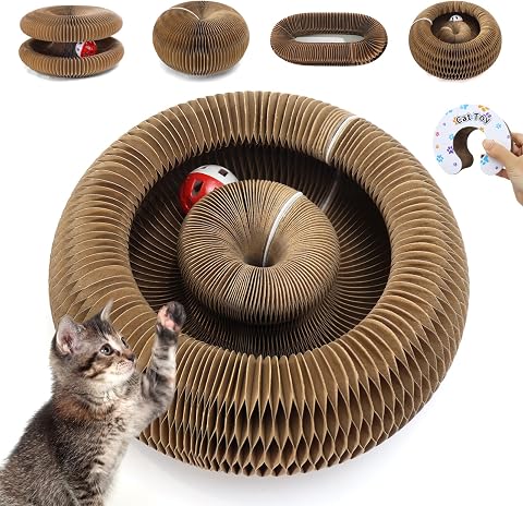 Magic Organ Cat Scratcher Cardboard, Foldable Scratching Board, Interactive Cat Toy with Bell Ball for Indoor Cats(Agate Green)