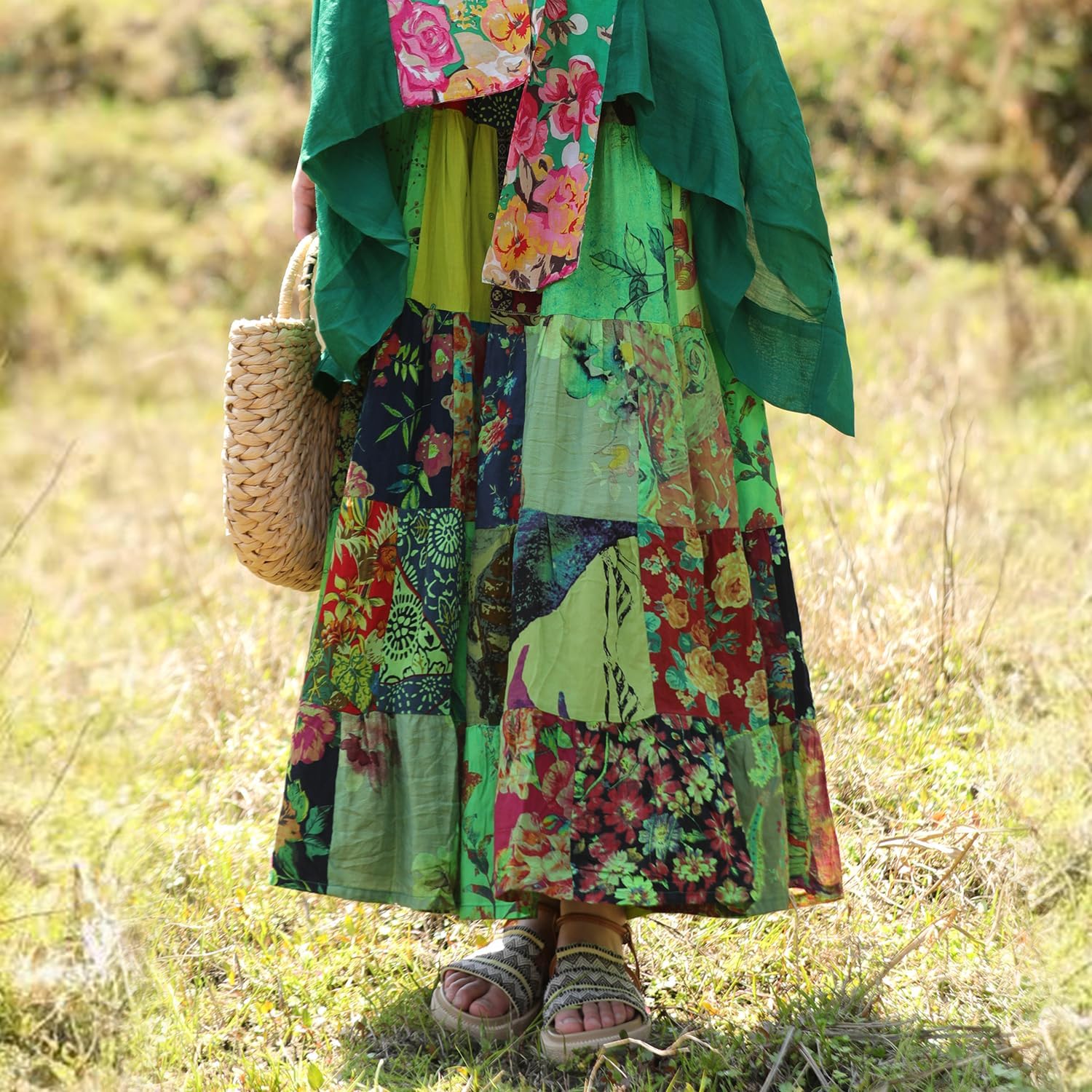 Boho Women Printed Cotton Linen Maxi Skirt Casual Patchwork Skirt Beach Travel Outfit