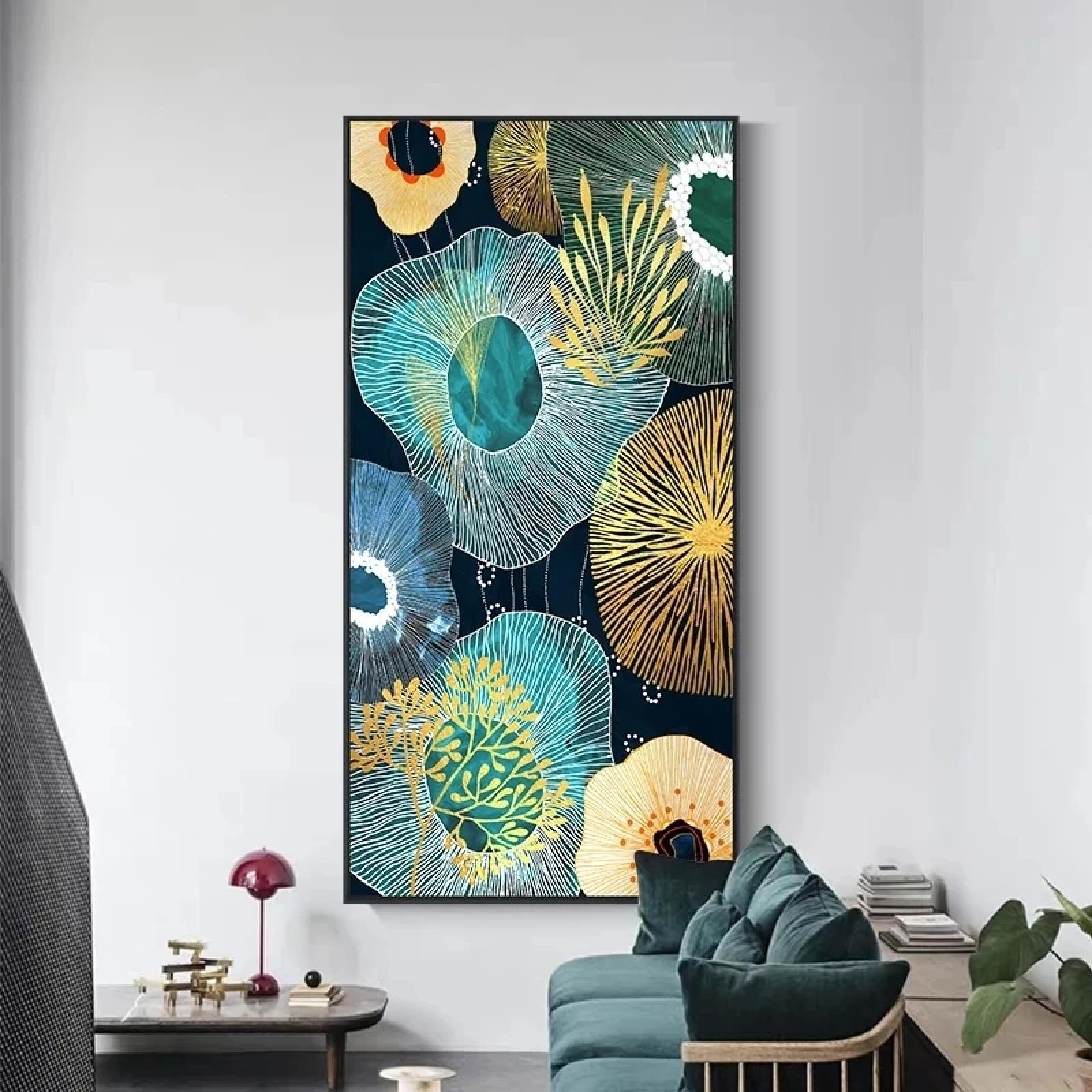 JGGXHM Nuevos anillos anuales dorados chinos pintura en lienzo flores verdes carteles e impresiones artísticos de pared para la decoración del hogar- (65x130cm) marco interno de 26x51 pulgadas