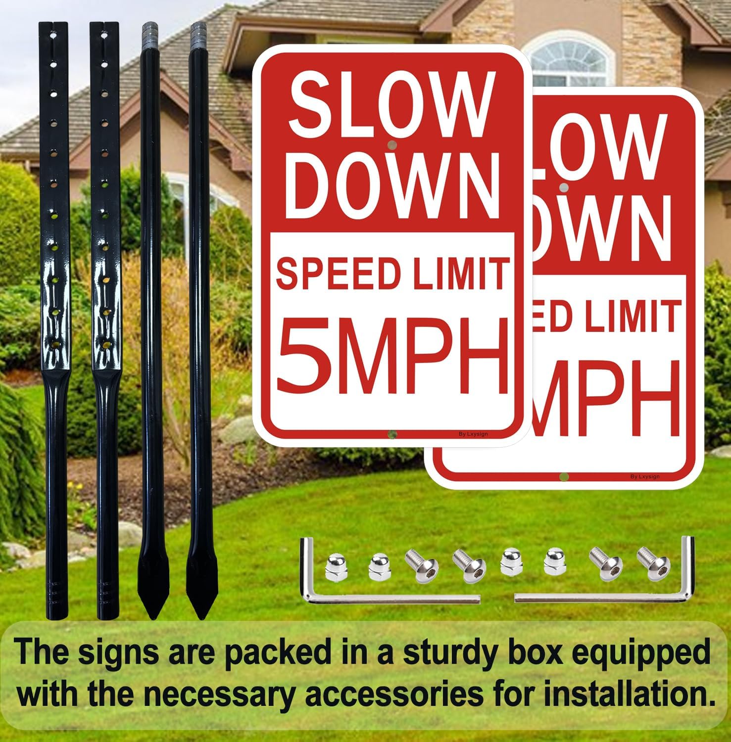 2 Pack Slow Down Sign, Speed Limit Sign 5 MPH, 36 Inches Metal Stakes, 14x10 Inches Reflective Aluminum, Fade Resistant, Easy to Install