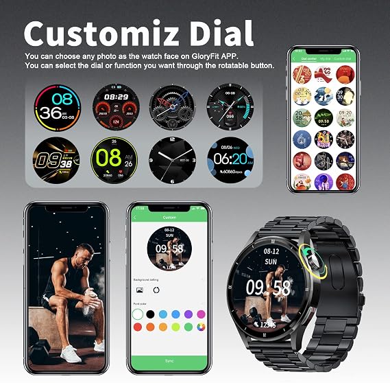 Telefon fonksiyonlu akıllı saat, 1,32 inç akıllı saat, erkek, Bluetooth nabız saati, uyku monitörü, kalp atış hızı, kalori, ses asistanlı, 360 x 360 HD dokunmatik ekran, iOS ve Android için