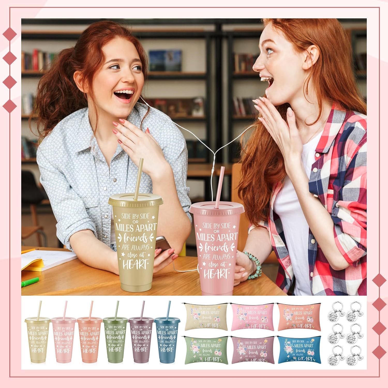 Hollowfly 6 Sets / 18 Pcs Best Friend Gift Bundle for Women, Mother's Day & Graduation Appreciation Gifts with Cups, Makeup Bags & Keychains for Friends, Bffs, Soul Sister,Girls(Morandi Colors)