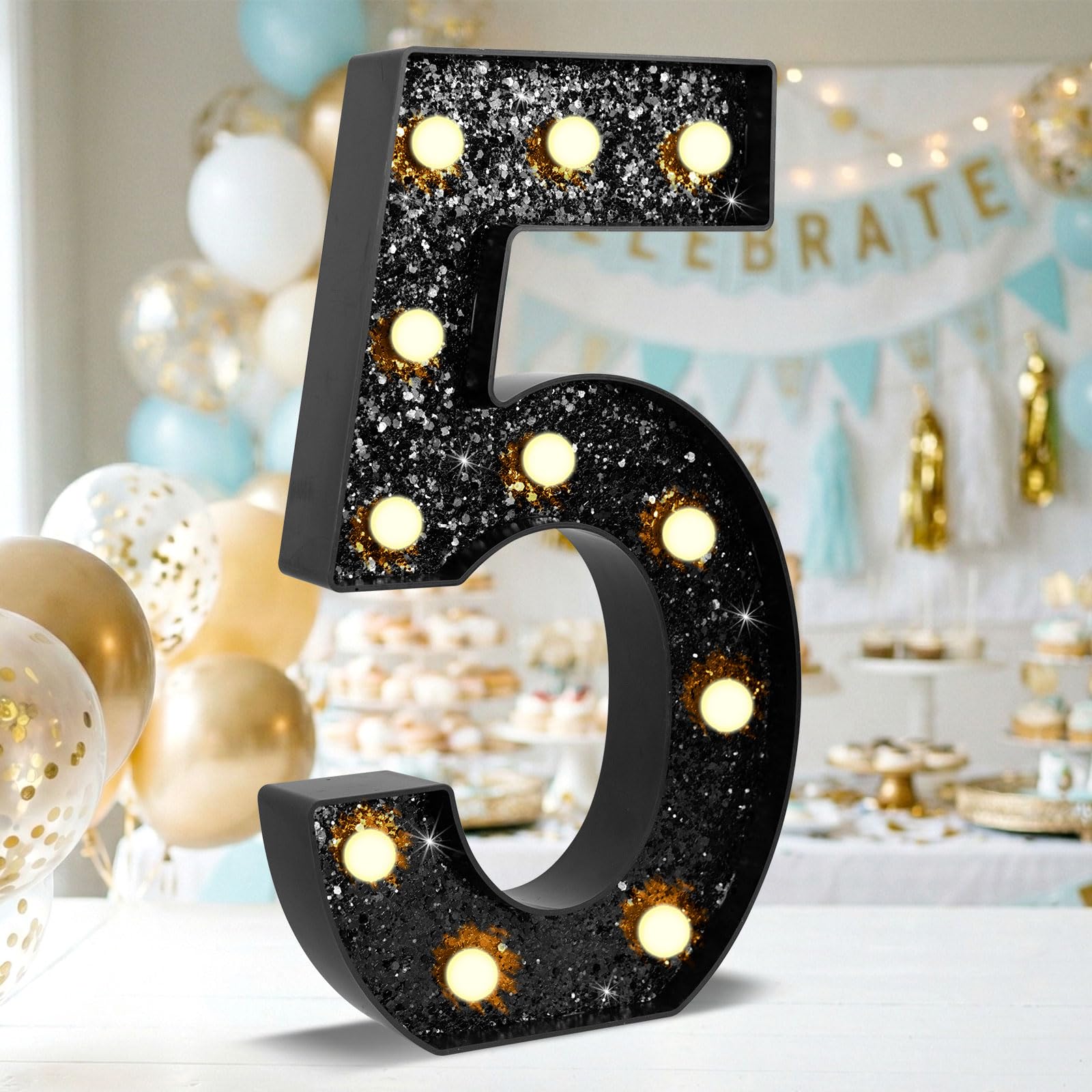 Photo 1 of NANXU 12.6 Inch LED Black Marquee Light Up Numbers, 5th Birthday Decorations Number Lights as Gifts for Girls Boys, Glitter Lighted Marquee Numbers for Black Anniversary Party Table Decor, 5