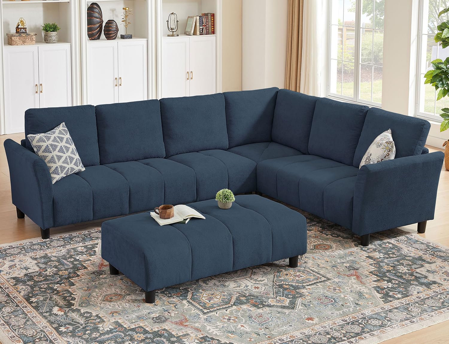 Pingliang Home Modular L-Shaped Sectional Sofa with Ottoman, 6 Seat Corner Sofa with Linen Fabrics, Space-Saving Corner Couch for Living Room,