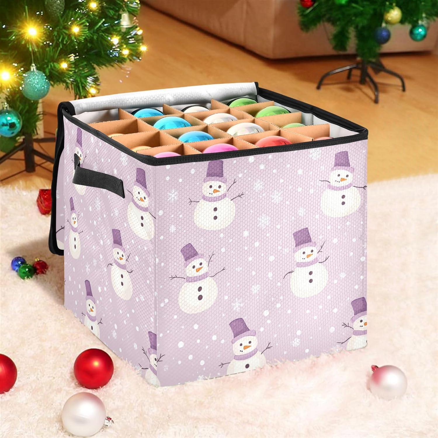 High Capacity Christmas ornament organizer Holds Up to 64, Two Handles sturdy Holiday Storage Case with Lid,Snowmen Lavender and Beige