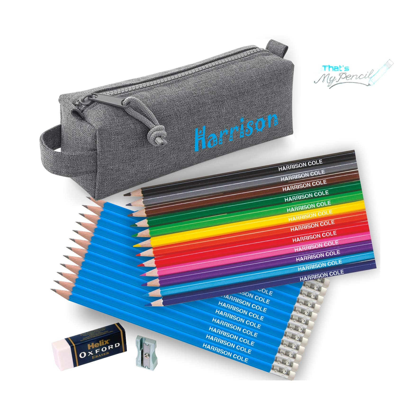 Personalised Marl Grey Block Pencil Case with 12 Colouring Pencils, 12 Matching HB Pencils with Erasers Plus Helix Oxford Sharpener and Eraser - Printed in UK by 'That's My Pencil' (Ocean)