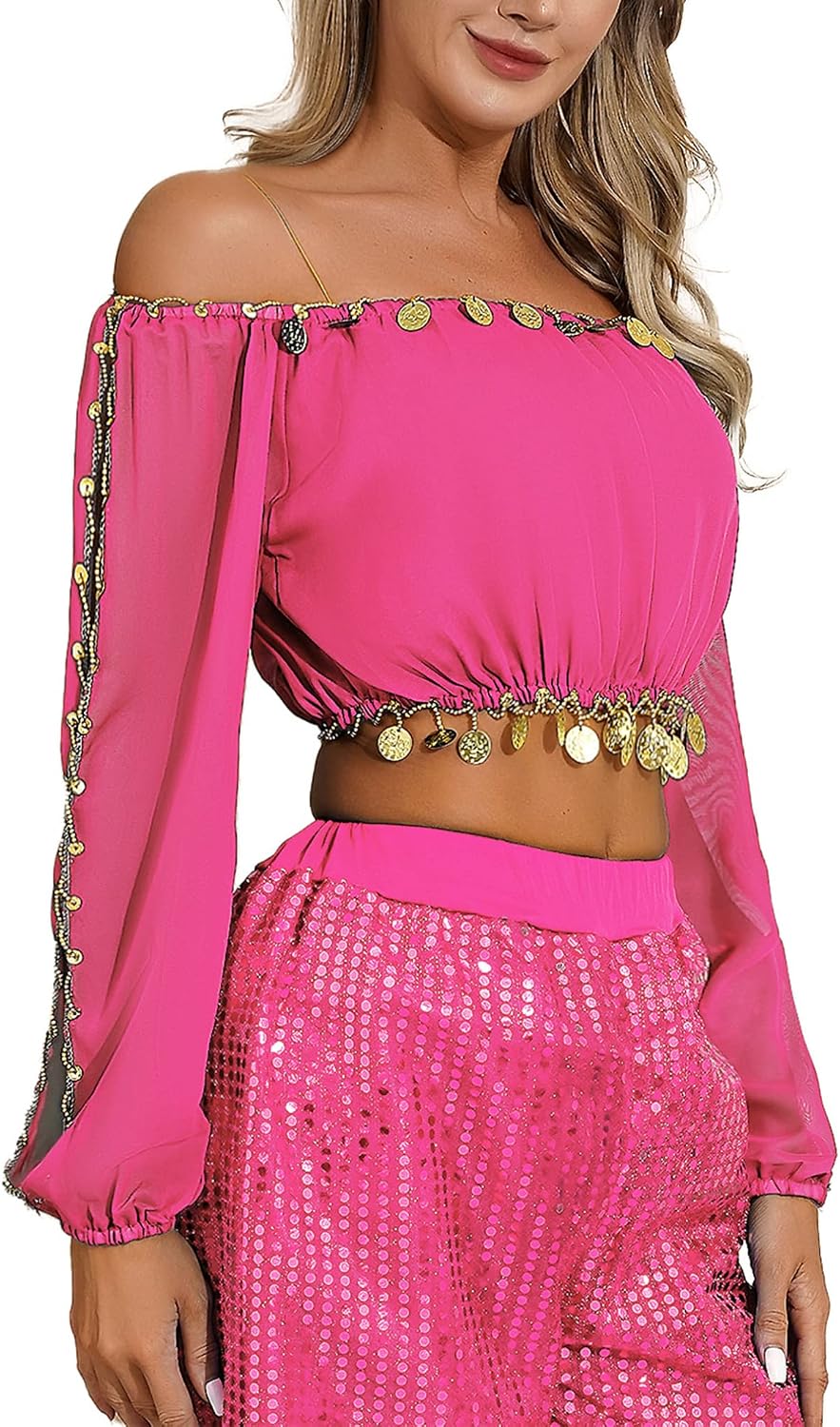 FEESHOW Women's Belly Dance Top Chiffon Flare Puff Sleeve with Cion Performance Blouse Tops