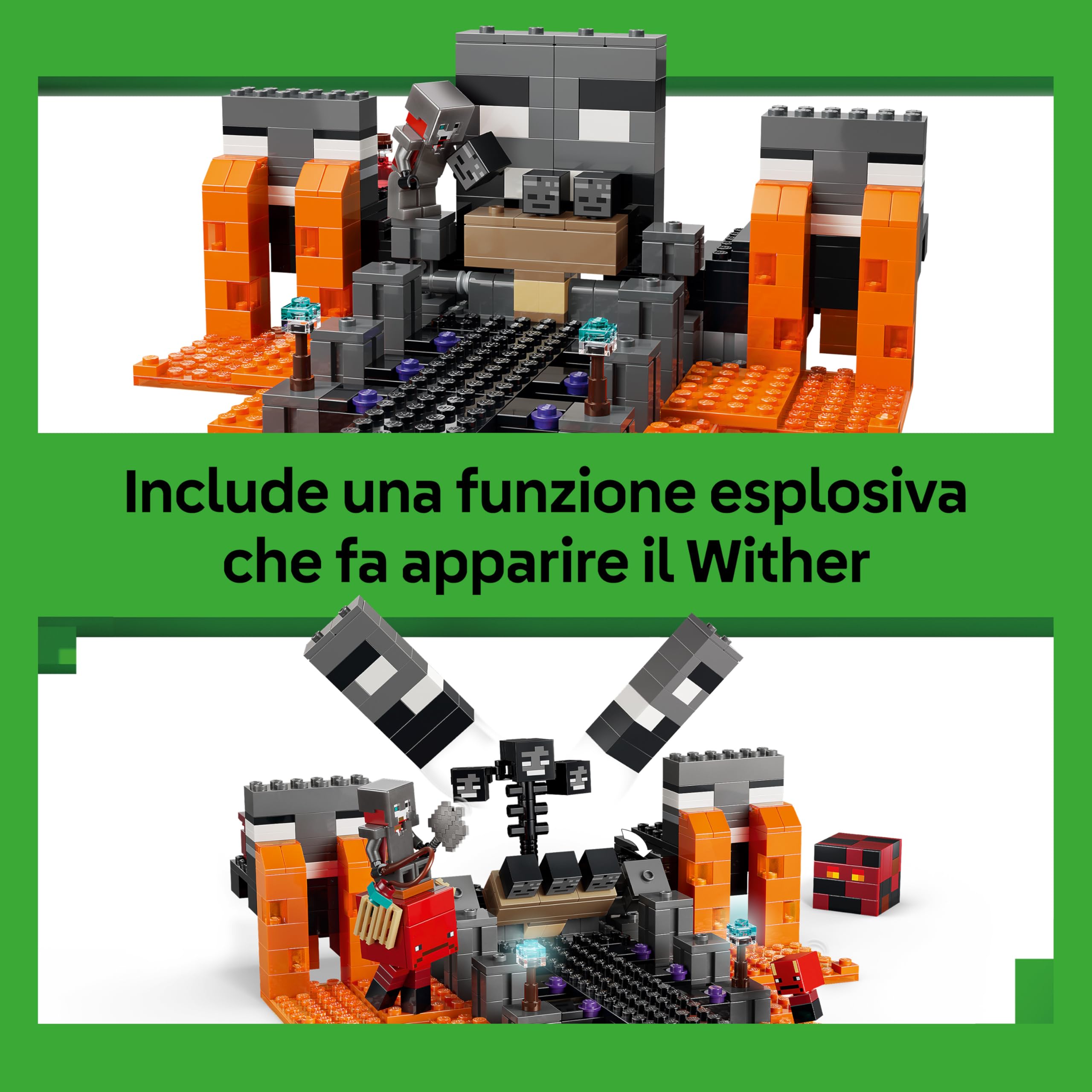 LEGO Minecraft Battaglia Contro il Wither - Giocattolo Interattivo con Guerriero Crimson, Strider, Cubo di Magma e 2 Figure di Scheletri Wither - Regalo per Gamer, Bambini e Bambine da 8 Anni - 21590