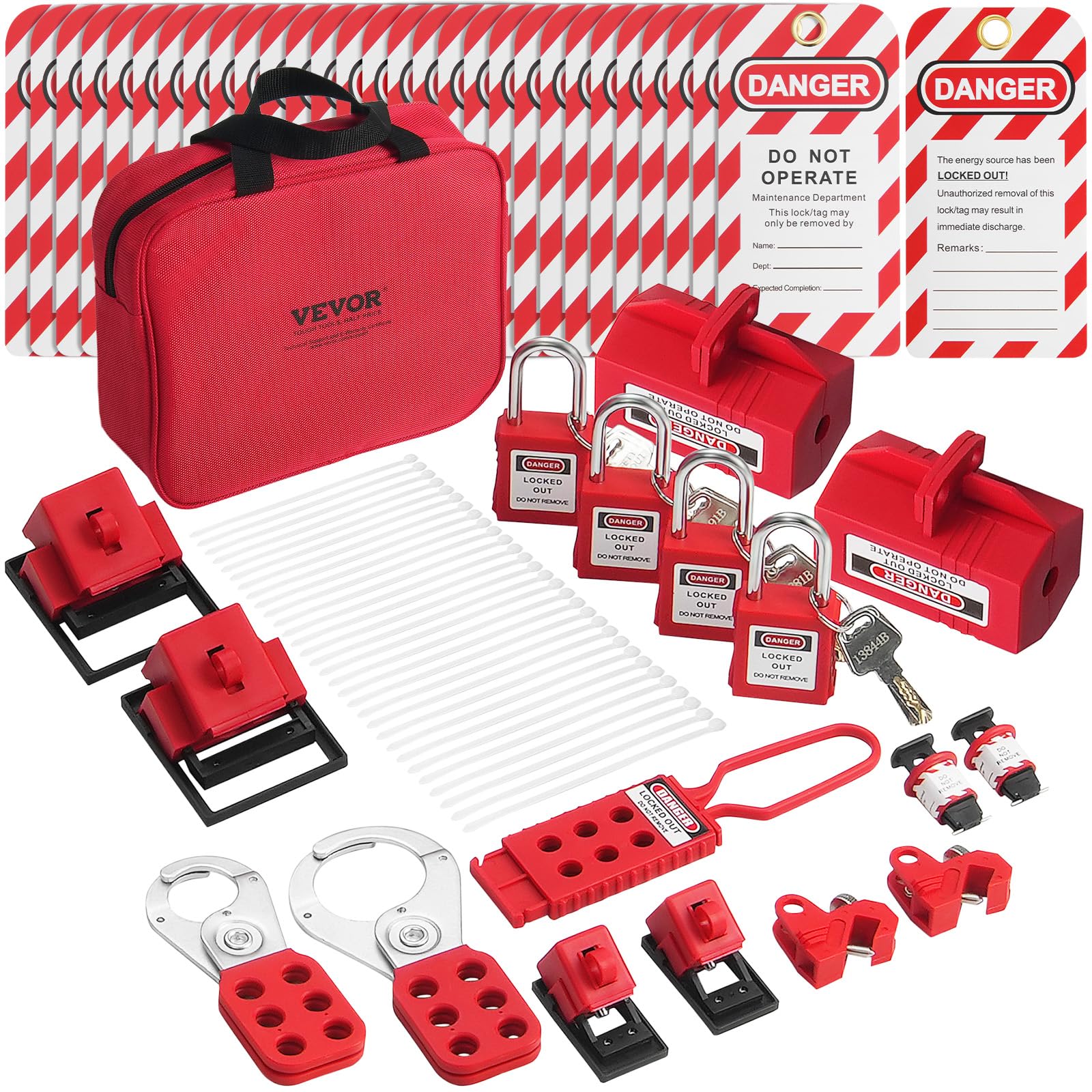 VEVOR Electrical Lockout Tagout Kit, 47 PCS Safety Loto Kit Includes Padlocks, Hasps, Tags, Nylon Ties, Plug Lockouts, Circuit Breaker Lockouts, and Carrying Bag, for Industrial, Electric Power