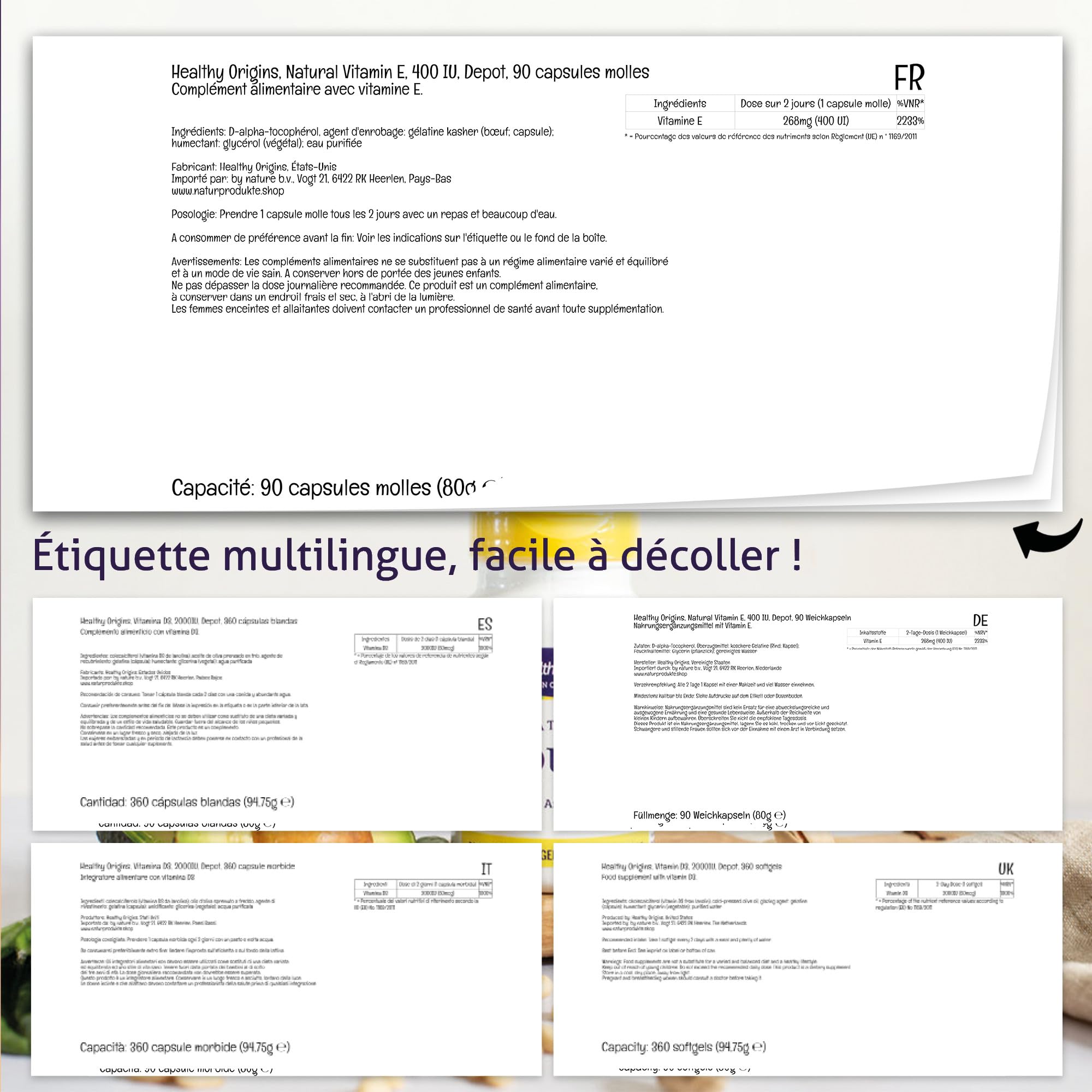 Healthy Origins, Natural Vitamin E, 268g (400 UI), 1 Capsule tous les 2 Jours, 90 Capsules molles, Haute Dosé, Sans Soja, Sans Gluten, Sans OGM