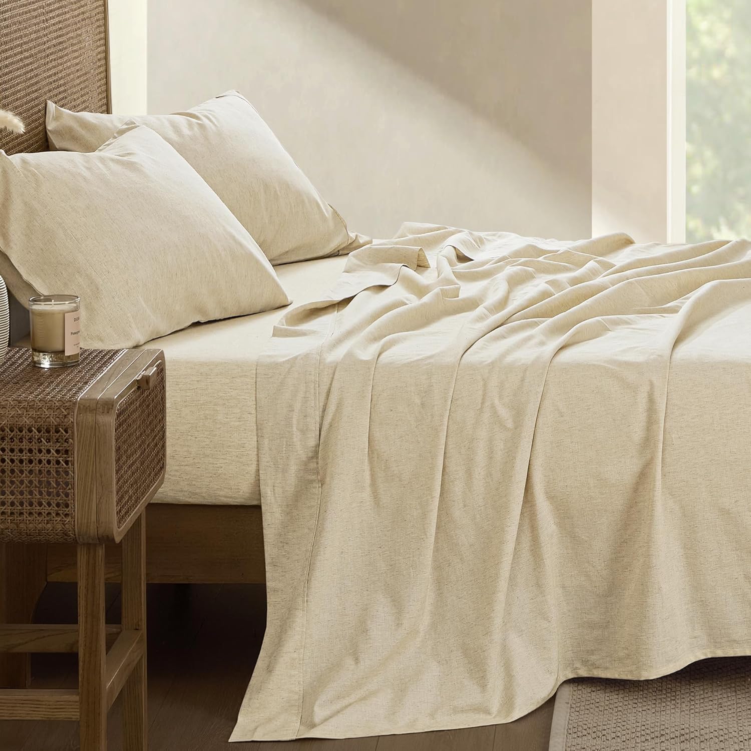 Wonderful Linen Sheets Set Queen Size - Natural Linen Blend Cotton Bedsheets 4 Pieces, Natural Flax, Breathable Durable Anti-Tear Bed Sheet 14" Deep Pocket Fitted Sheet&Pillowcase for All Season - Image 2