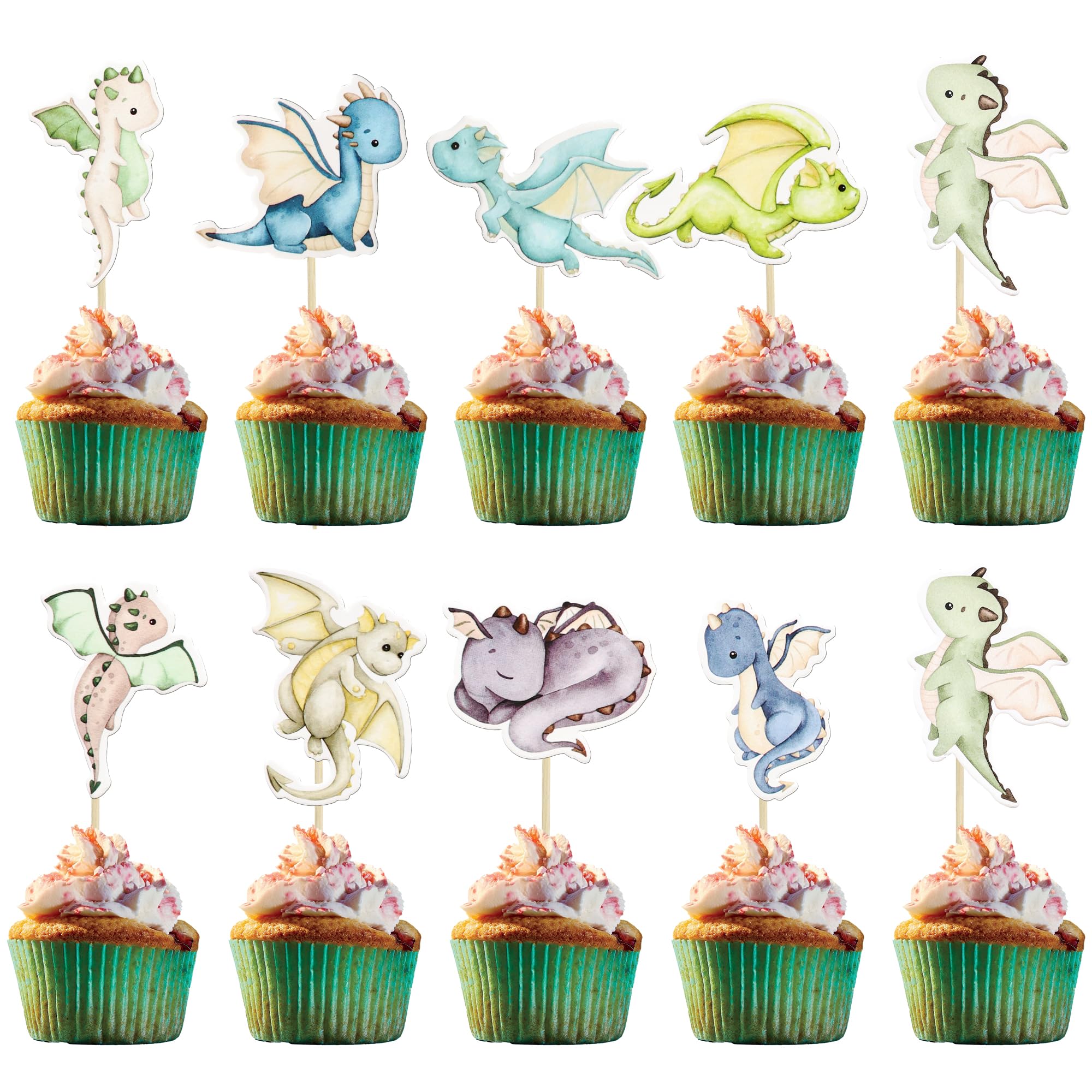 Ephlyn 36Pcs Dragon Party Cupcake Toppers Dragon Birthday Party Decoration Fantasy Dragon Cake Decorations for Flying Dragon Baby Shower Supplies