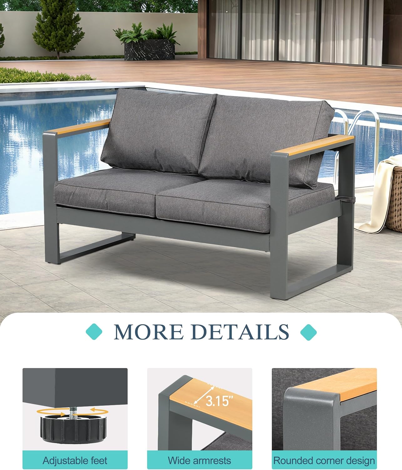 BPS Outdoor Aluminum Patio Furniture Loveseat, 1 PCS All-Weather Metal Outdoor Sofa Chairs with Washable Thick Cushion for Garden, Patio, Balcony and Proch