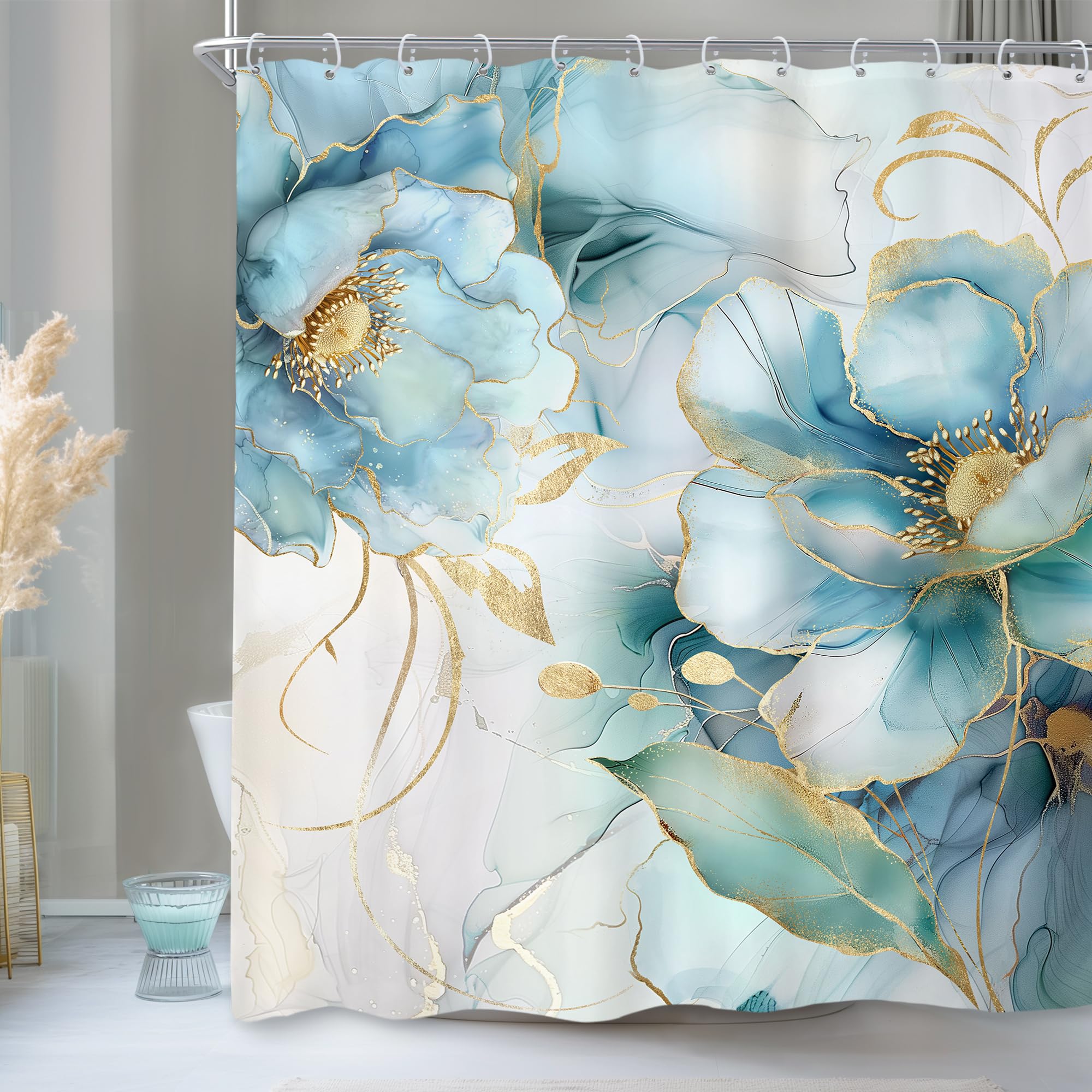 Newsely Marble Shower Curtain 72Wx84L Inch Teal Blue Gold Ombre Abstract Floral Flower Luxury Modern Ink Texture Minimalist Bathroom Set Elegant Girl