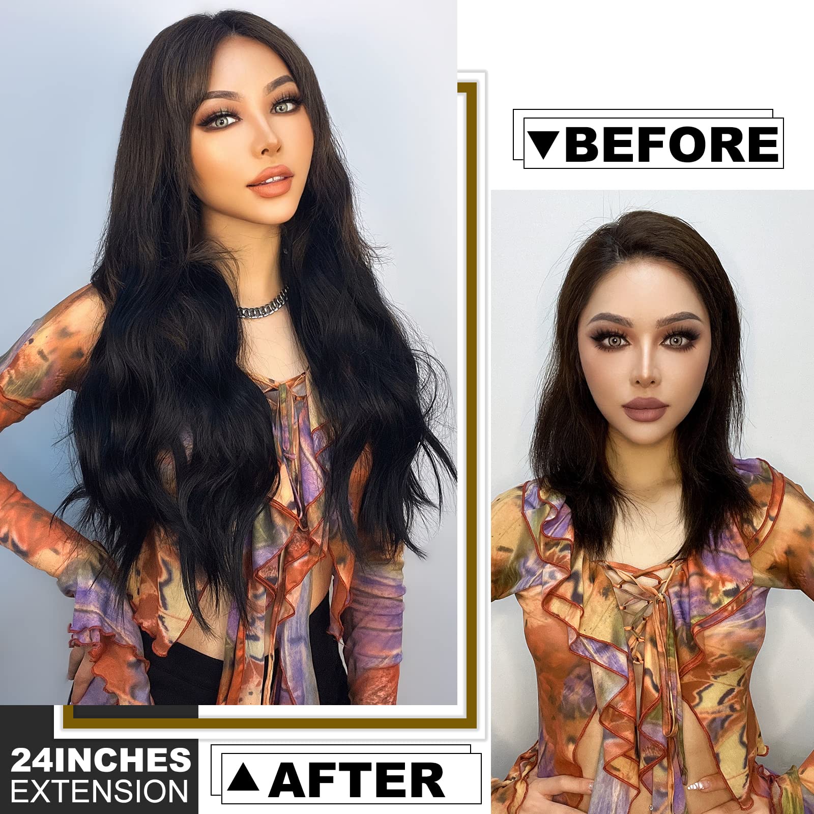 Clip In Hair Extensions Synthetic Dark Brown 20 Inch 6PCS Long Wavy Thick Flvaco 20 Inch Dark Brown Synthetic Clip In Hair Extensions  main image 2