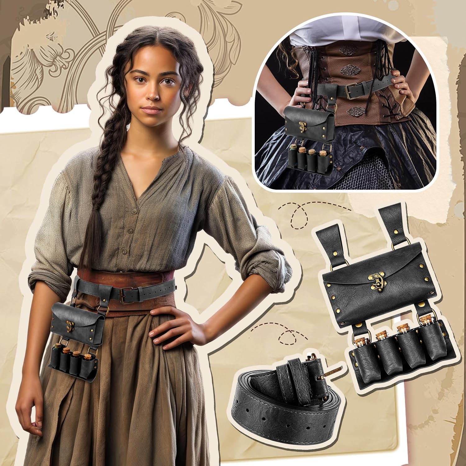 Geyoga Renaissance Belt Pouch with Potion Bottles Halloween Medieval Costume Accessories Waist Bag Cosplay