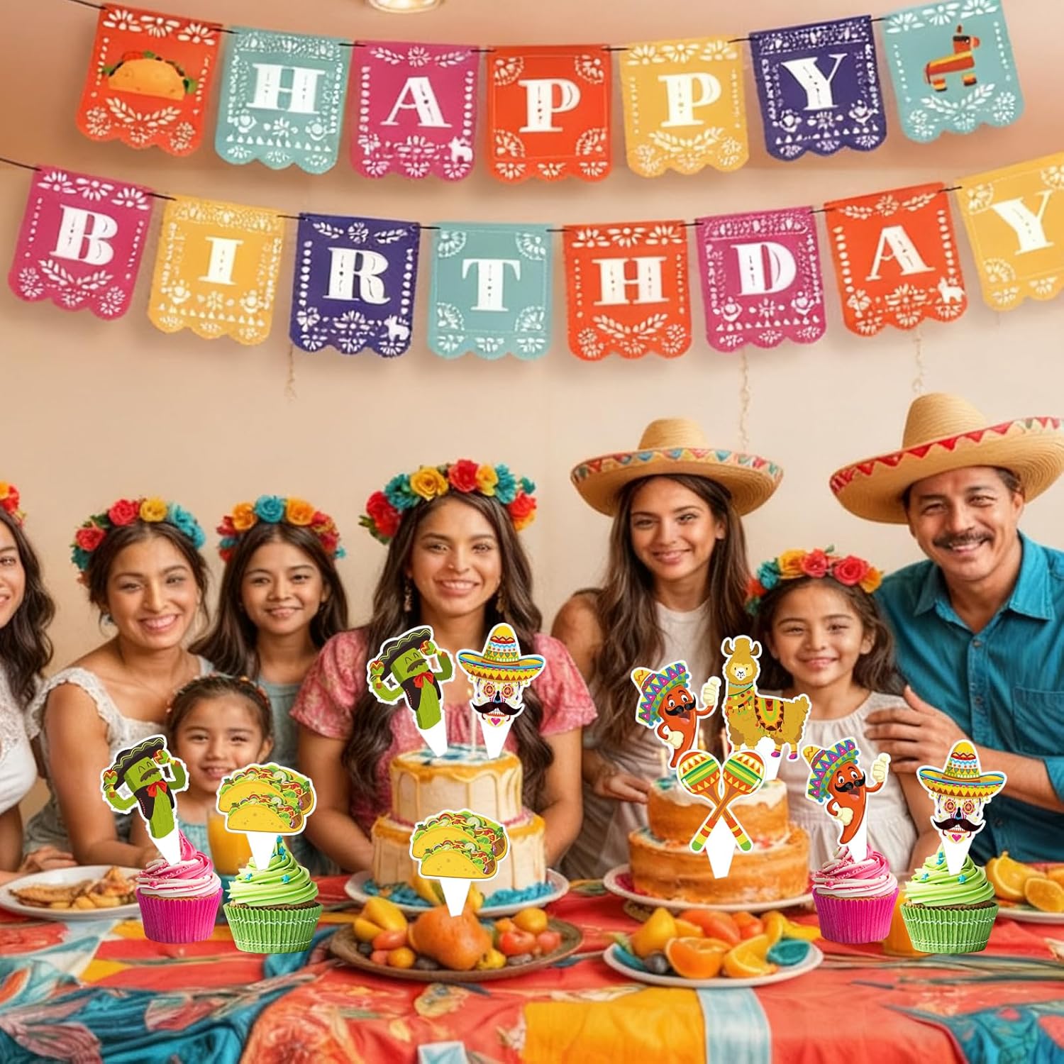 48 Pcs Fiesta Mexican Happy Birthday Cupcake Toppers - Cinco De Mayo the Dead Decor Party Decorations, for Fiesta Mexican Themed Taco Party Birthday Day of the Dead Supplies Decor Day of the Dead Multicolor