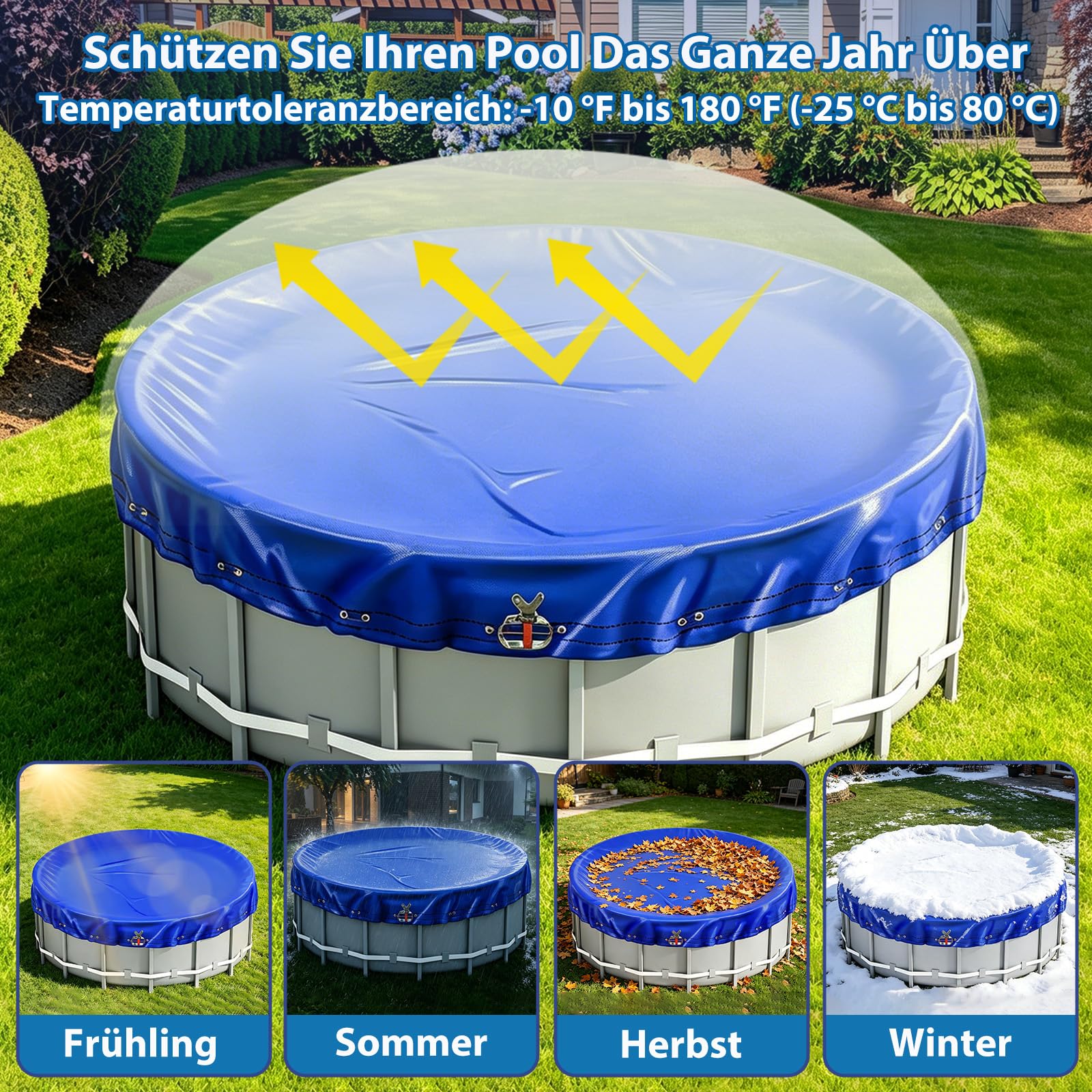 Poolabdeckung Rund für Pools Ø 320-366 cm, UV-beständige Solarplane Pool rund aus 200g/m² PE Material, abdeckplane Pool für Sommer & Winter, Ø 420 cm Pool Abdeckplane