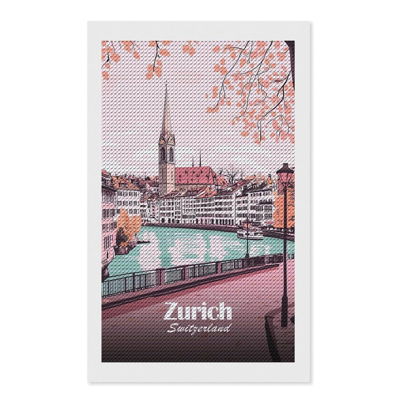Junmoney Zurich Cityscape Illustration Diamond Art Canvas 12"x20", for Adults, Pleasing Wall Art Project, Modern Decor, Gift Idea, Nice Detail and Sparkle