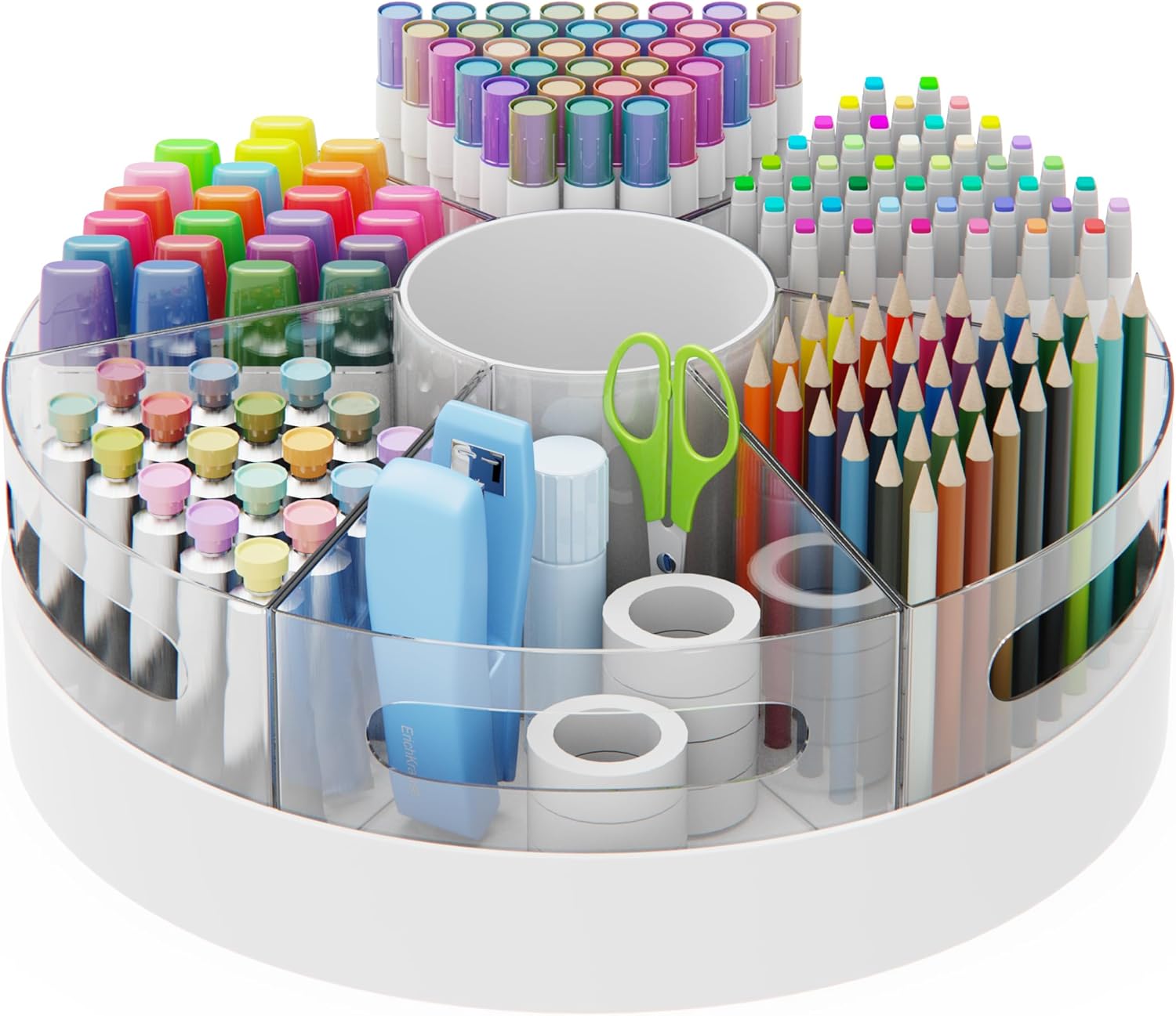 CraftGenes Rotating Pencil Organizer for Desk, 360 Smooth Spinning Marker Organizer, Clear Acrylic Pen Holder, Art Supply Storage & Lazy Susan Desktop Caddy for Kids, School, Office & Craft Room