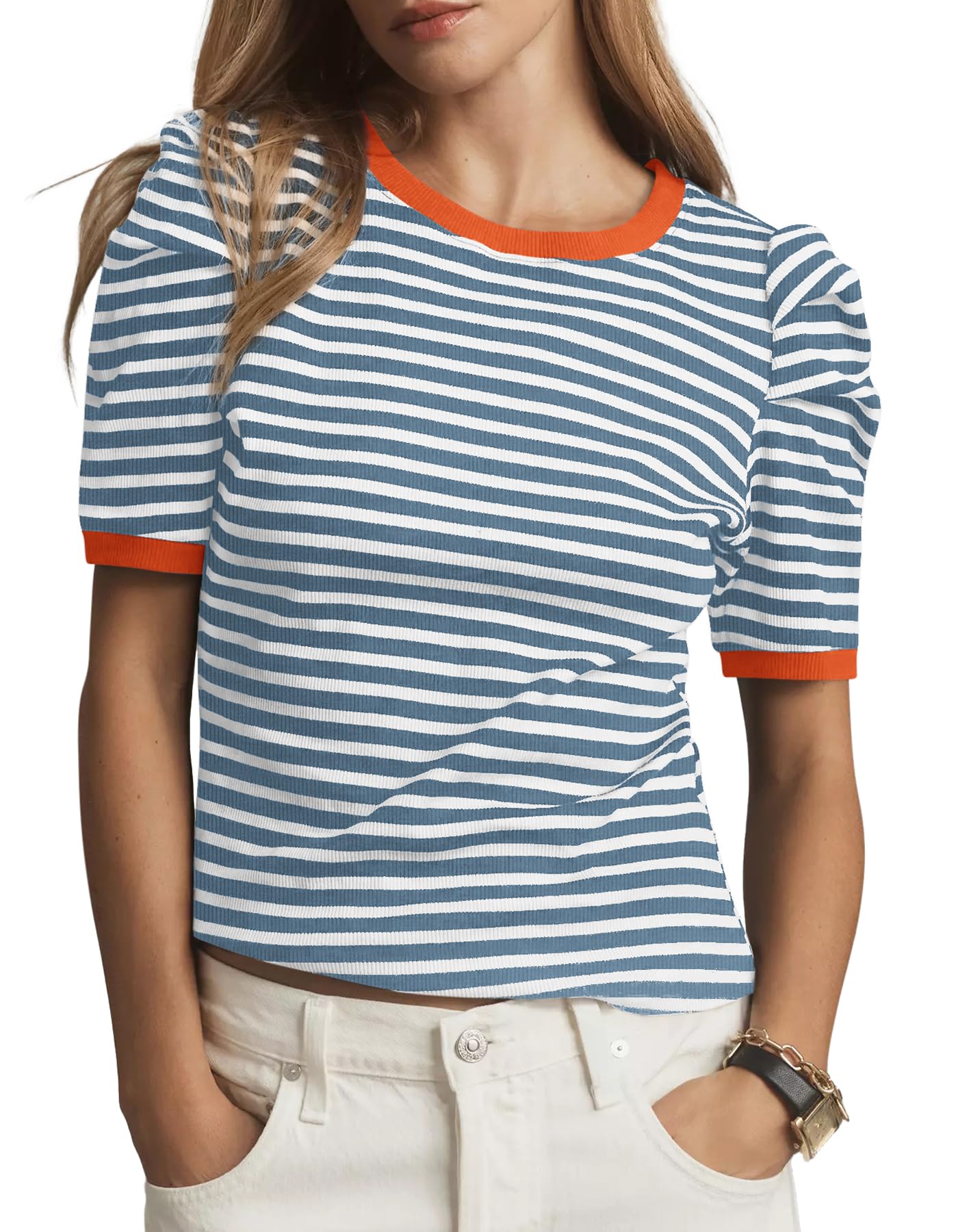 Tankaneo Womens Short Puff Sleeve Tops Trendy Striped Color Block T Shirts Crewneck Casual Shirts