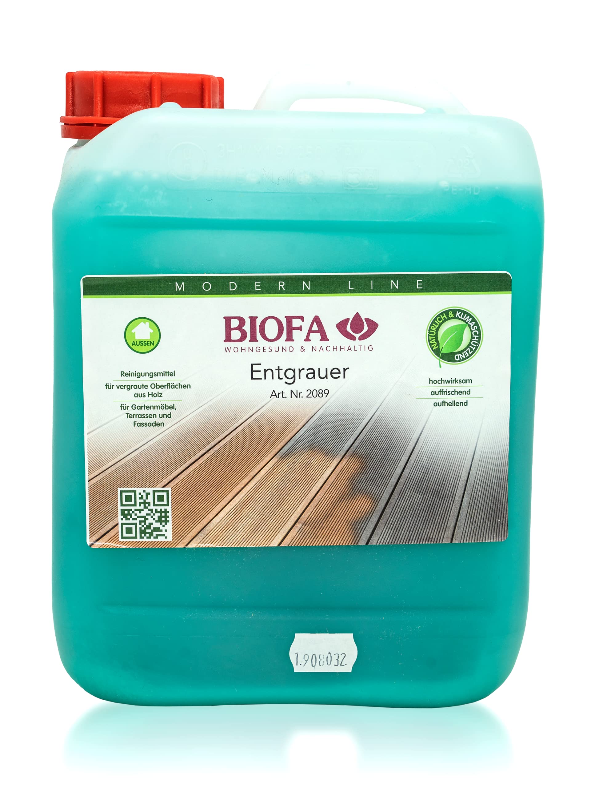 BIOFA Entgrauer Reinigungsmittel und Aufheller für Gartenmöbel, Terrassen, Holzdecks und Fassaden. Für alle vergrauten, behandelten und unbehandelten Oberflächen aus Holz (5 Liter)