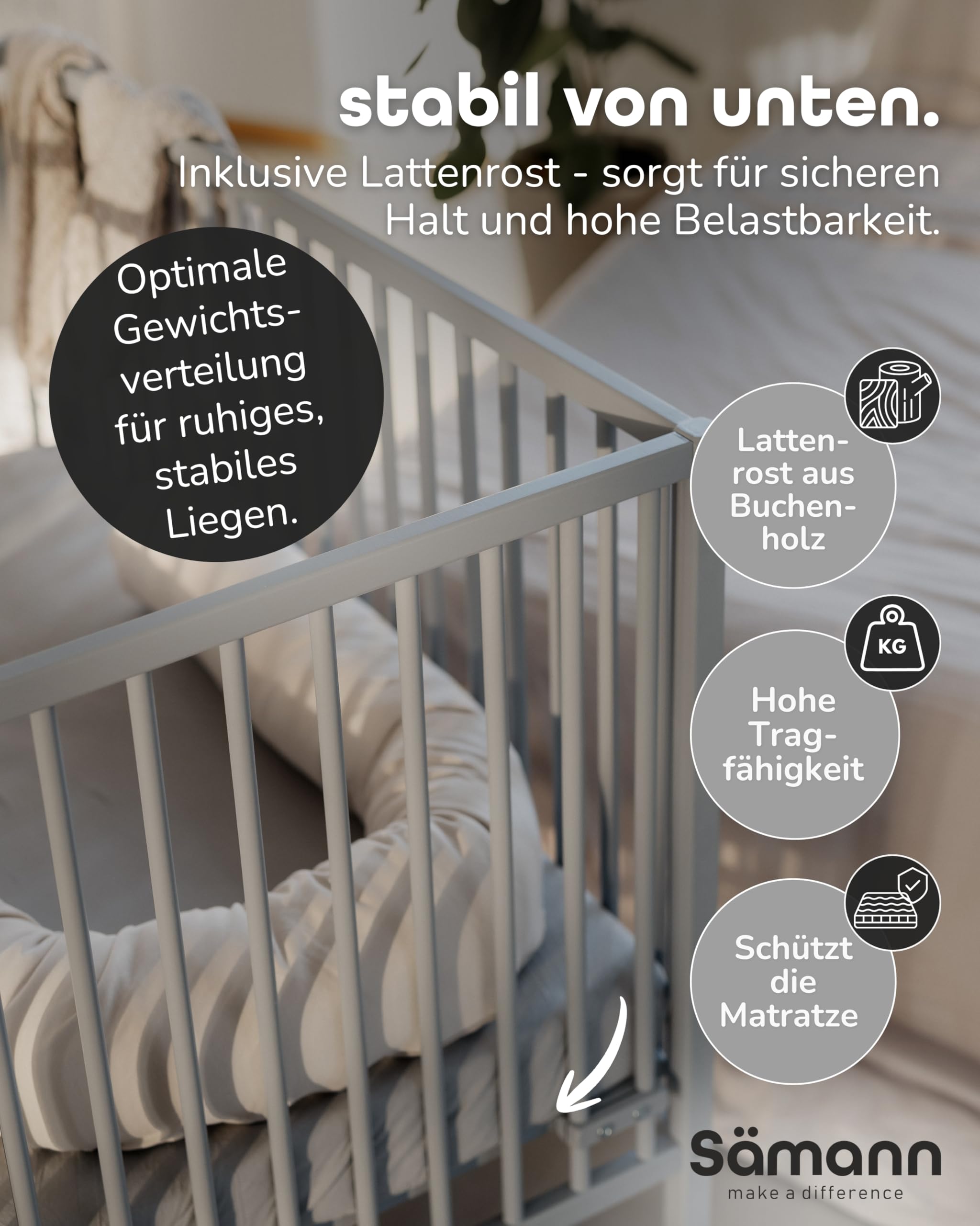 Sämann Laufstall Baby mit Lattenrost und Matratze SleepPlus | stufenlos höhenverstellbar | Laufgitter Premium | Babybett aus Holz | Krabbelgitter (grau, 120x120 cm)