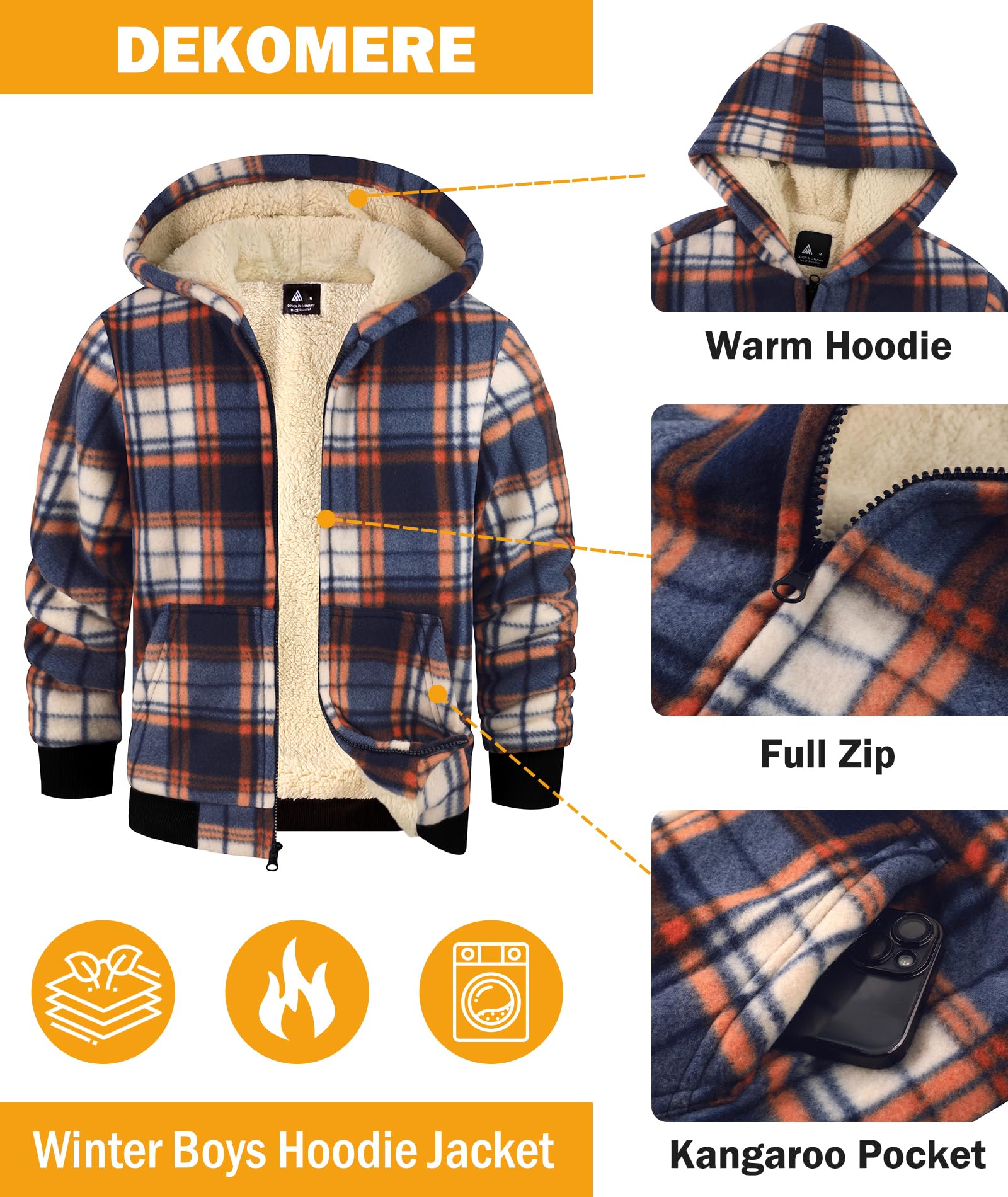 Chaqueta de forro polar con capucha para niños, unisex, cálida, con forro de sherpa, con cremallera, sudadera con capucha para niños, ropa de abrigo a cuadros