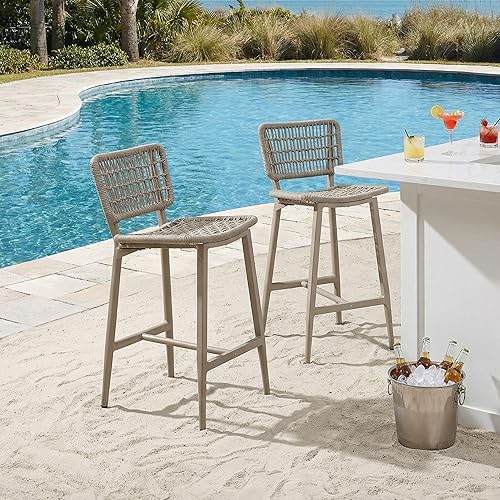 Miniatura 3 de PURPLE LEAF Juego de 2 sillas de bar de metal con respaldo de mimbre para cocina, isla, piscina, jardín, taburetes de bar al aire libre, champán