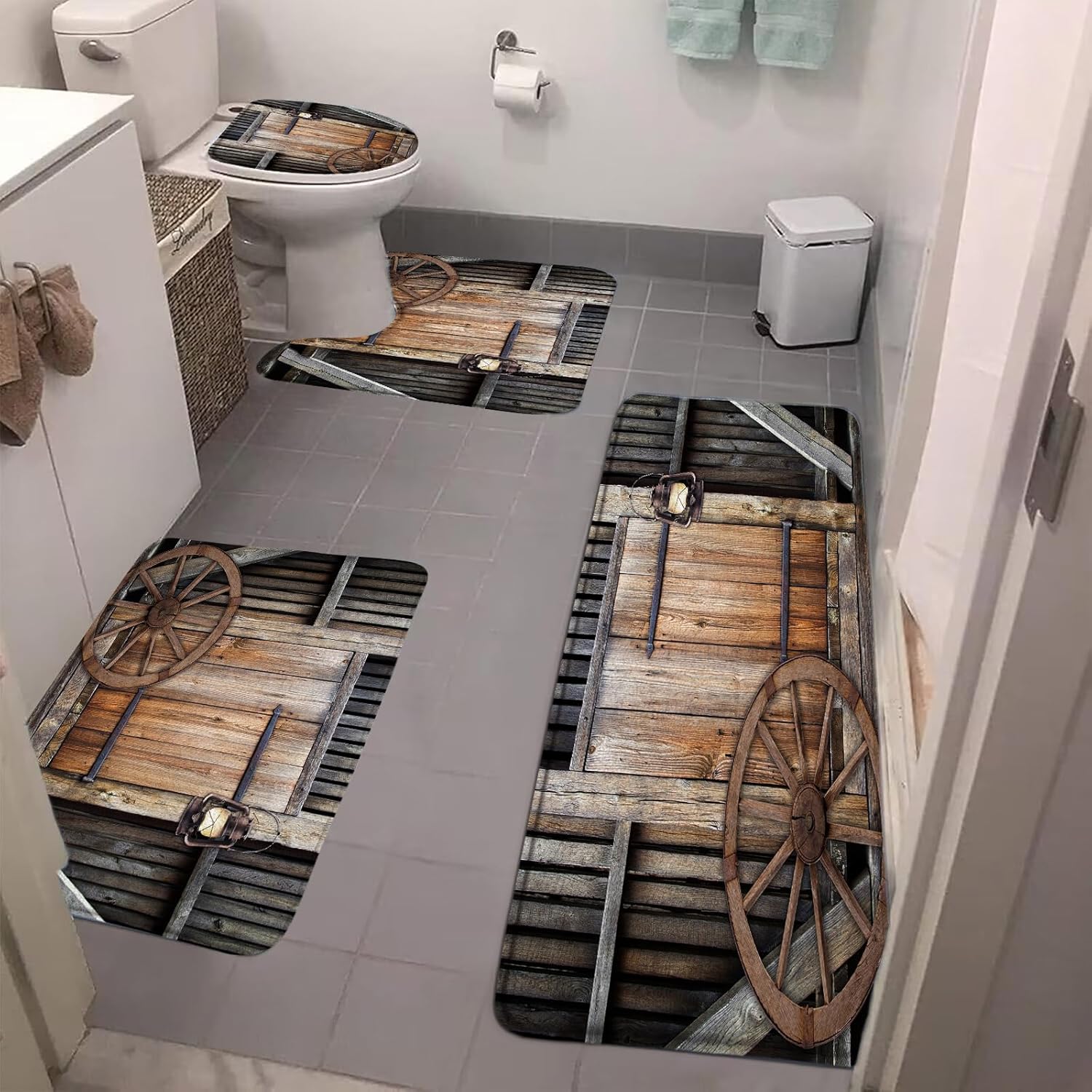 4 Pieces Bathroom Rug Sets,Brown Barn Wooden Rustic Farmhouse Vintage 18"x30"and 18"x48"Bath Mats,Toilet Cover,U-Shaped Toilet Mat