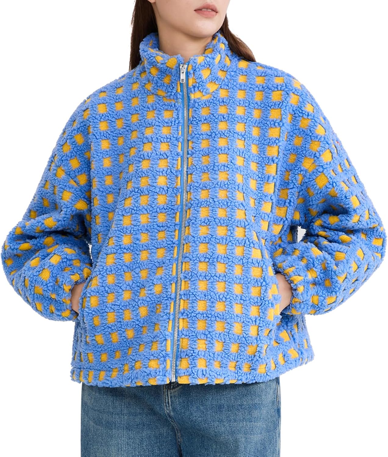 Oymyakon Women Checkered Sherpa Jacket Cropped Long Sleeve Fuzzy Plaid Fleece Coats Casual Zip Up Gingham Outwear - Image 4