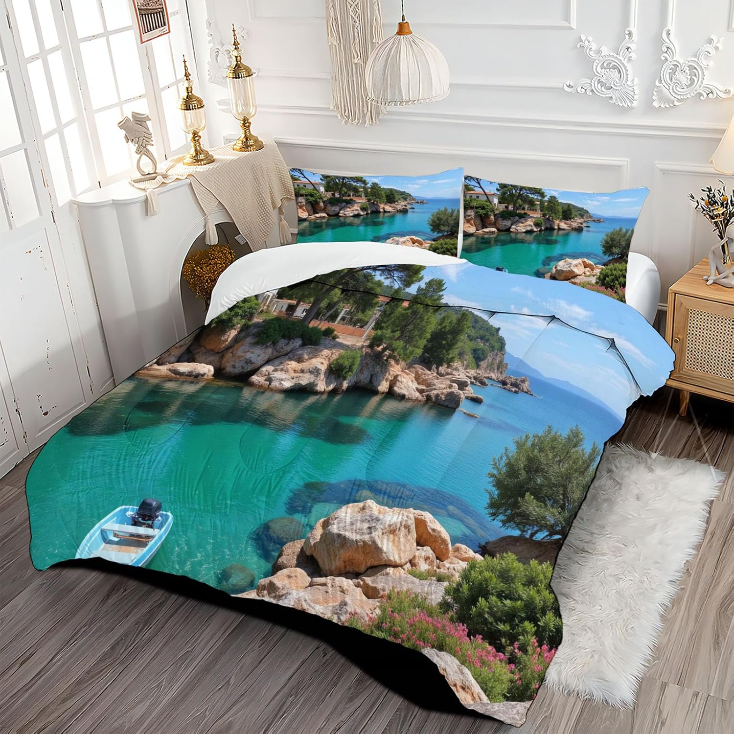 3D Seaside Village Comforter Set Full Size Bedding Set Mediterranean Architectural Style All Season Down Comforter Printed Quilted with 2 Pillow Shams for Kids, Teens, Adults 80 x 90in Green