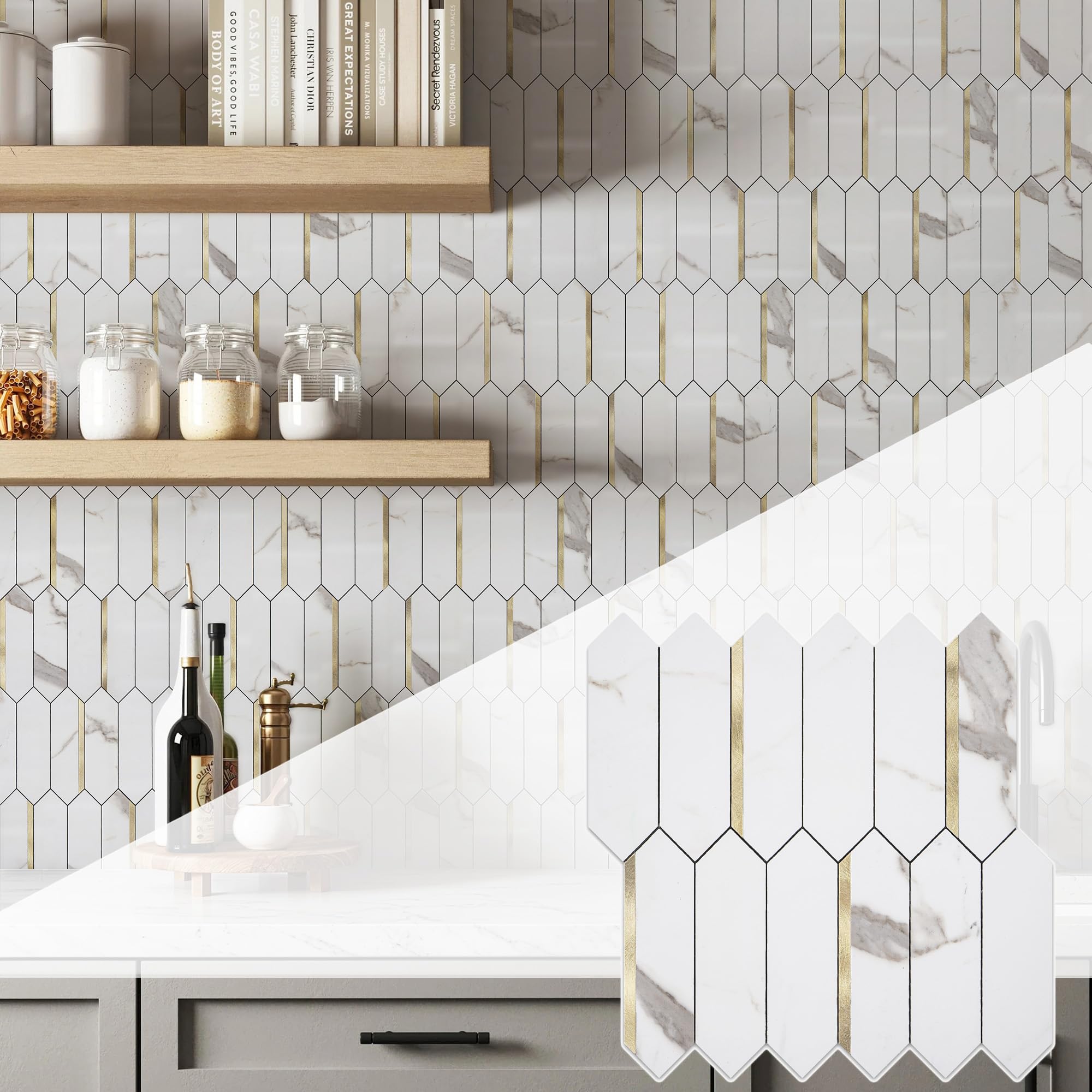 KASARO Peel and Stick Backsplash Long Hexagon Wall Tile, 10-Pieces PVC Self Adhesive Mosaic Tiles, Marble White with Vintage Gold Stripes Decorative